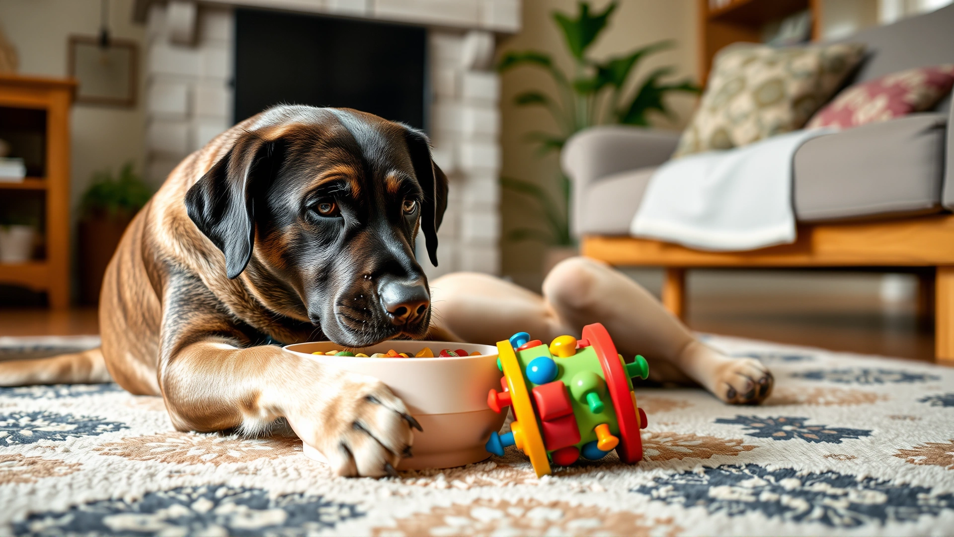 Labrador retriever interacting with a colorful puzzle feeder toy on a living-room rug, natural lighting, no text