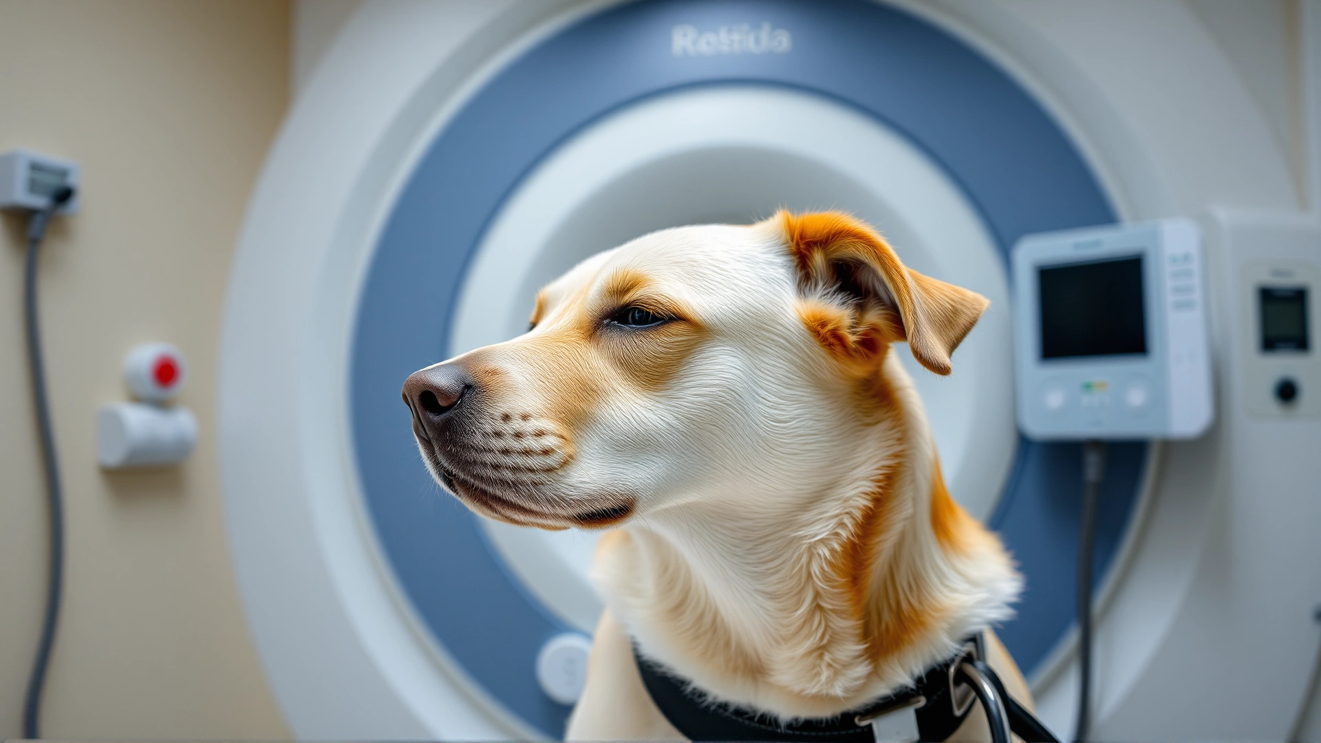 Medium-sized dog calmly positioned for radiation therapy session with protective equipment visible in a veterinary oncology suite.