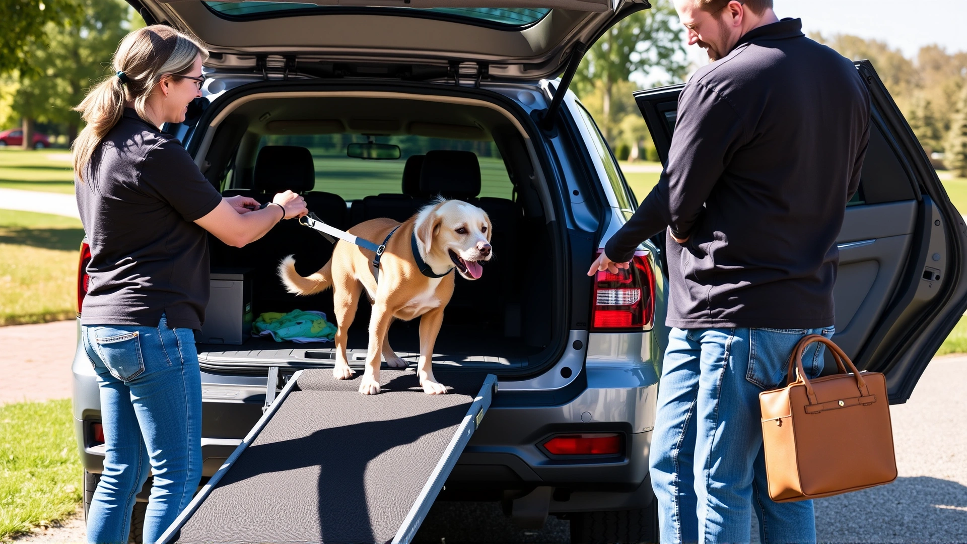 Owners guiding an elderly dog up a foldable ramp into the back of an SUV at a park, sunny day, demonstrating ease of mobility aid.
