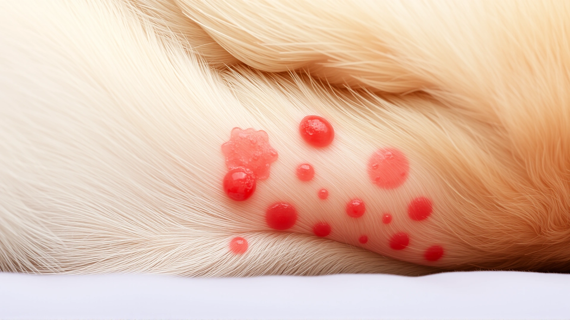 Close-up of a dog's belly skin showing red hives and mild swelling, clear detail, neutral background