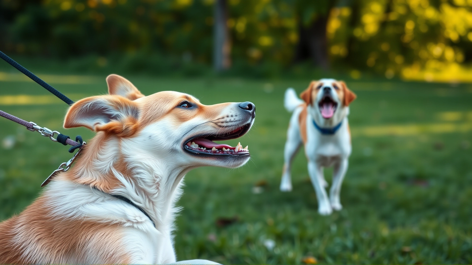 A dog lunging on its leash while barking at another dog in the background, illustrating leash reactivity.