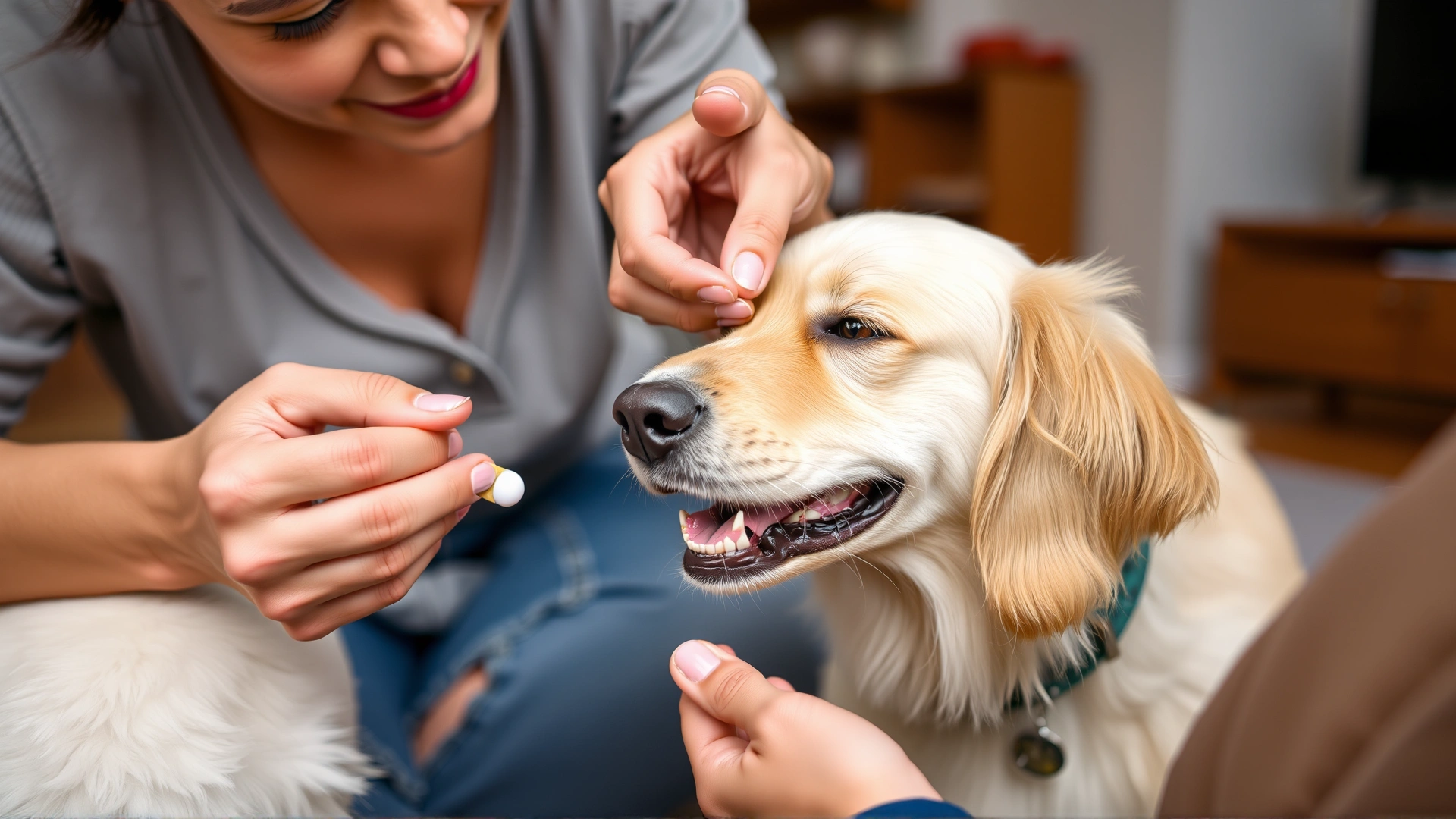 Pet owner gently giving a pill to a cooperative dog using a pill pocket treat, captured in a living-room environment.