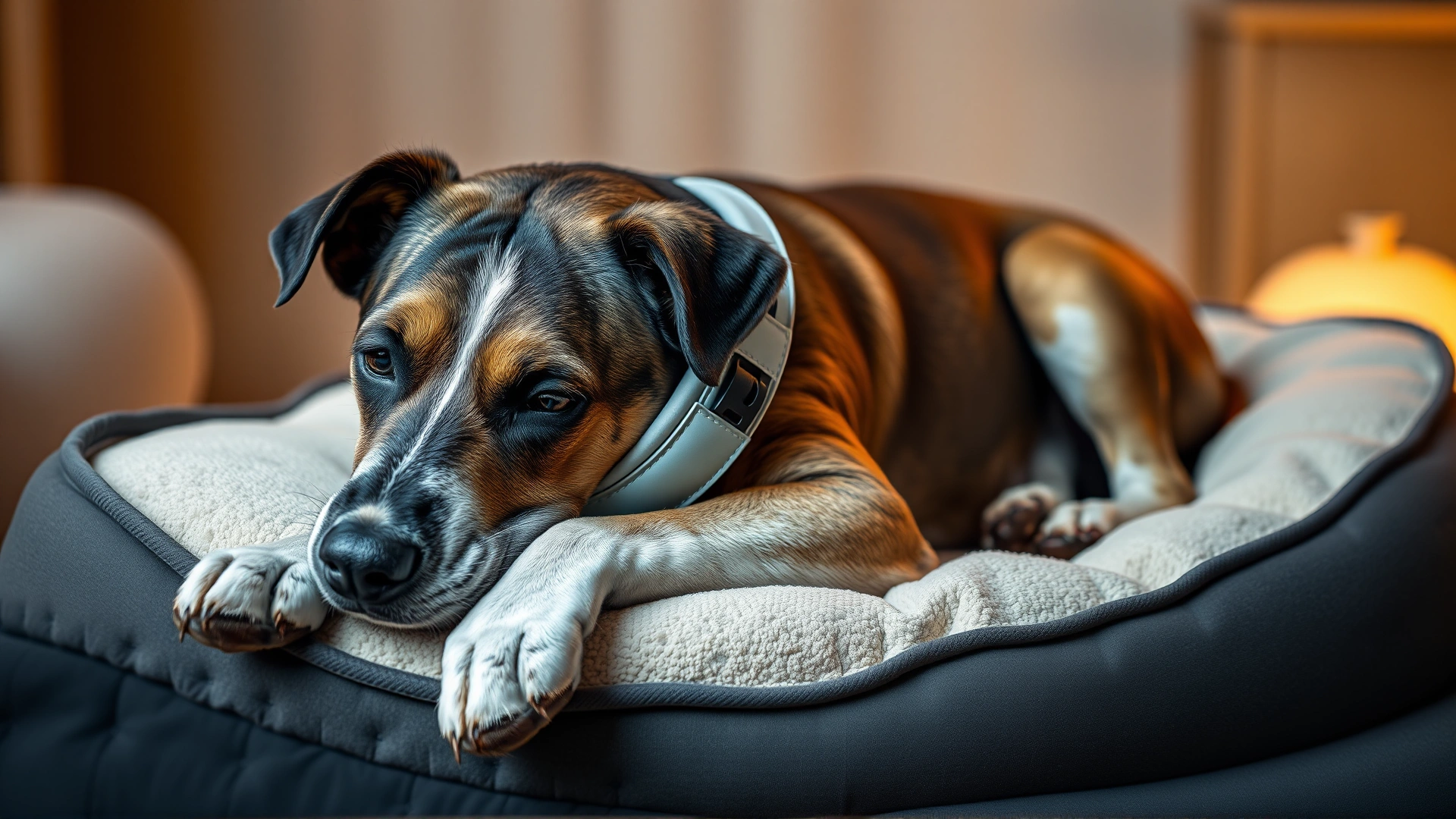 Senior dog resting comfortably on an orthopedic dog bed, wearing a post-surgery protective collar, warm ambient lighting