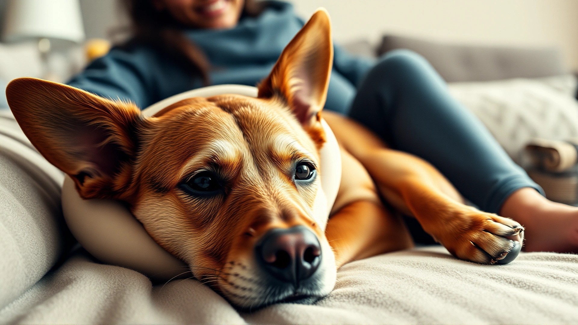 Dog wearing a soft inflatable collar resting comfortably on a cozy bed at home with a caring owner beside, gentle lighting