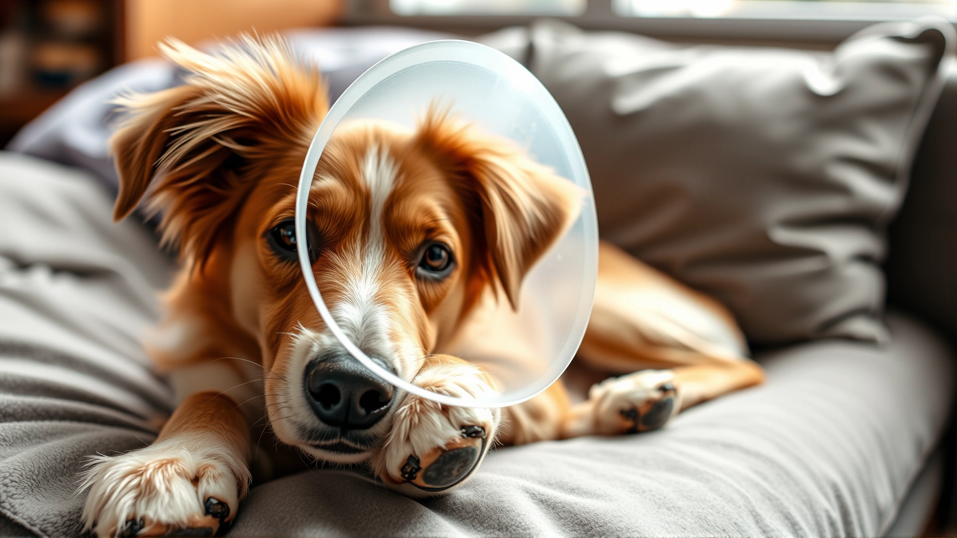 Medium shot of a three-legged dog wearing a soft recovery cone resting on a cozy bed at home