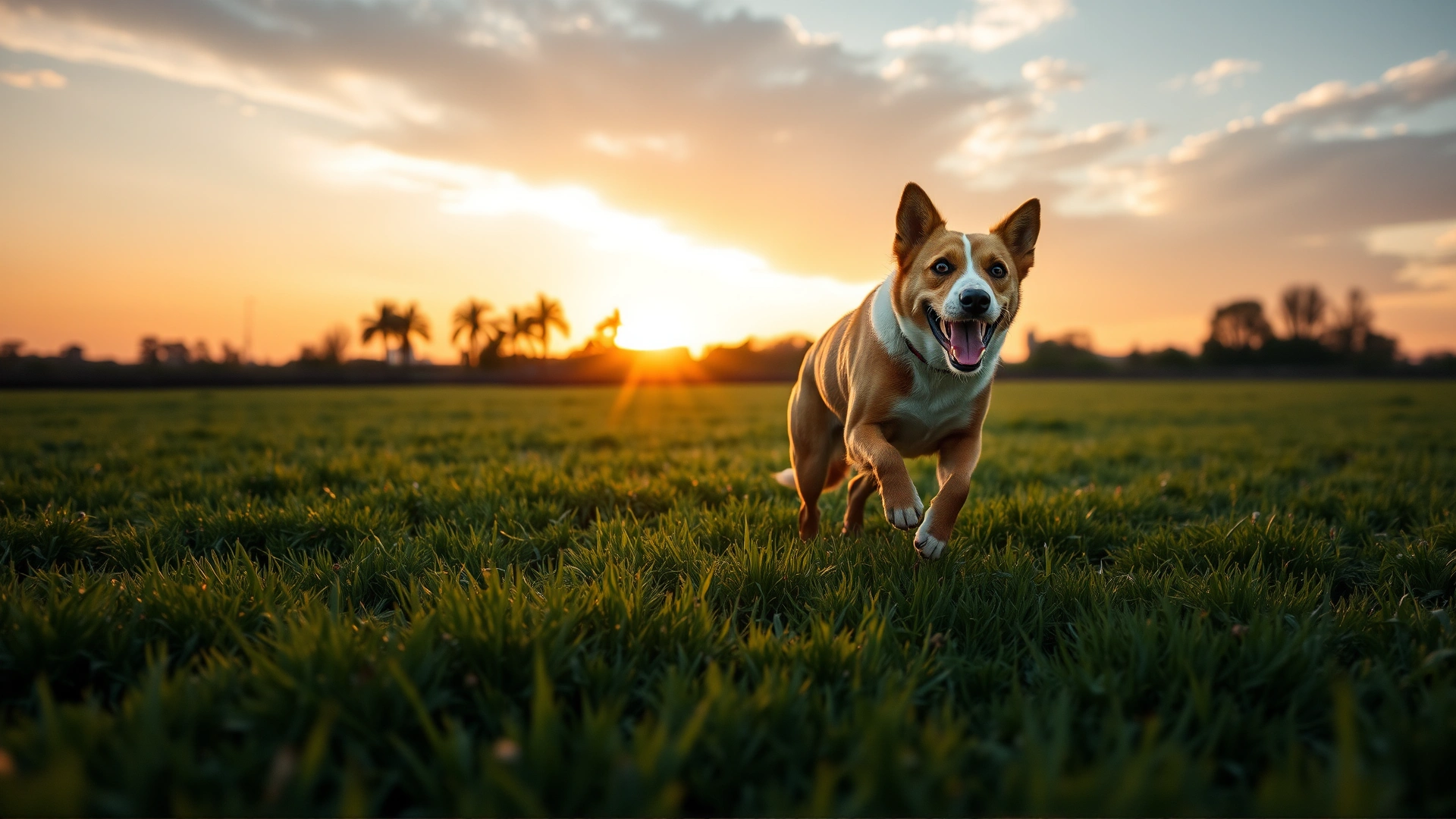 Energetic dog running freely across a grassy field at sunset, symbolizing recovery and good health.