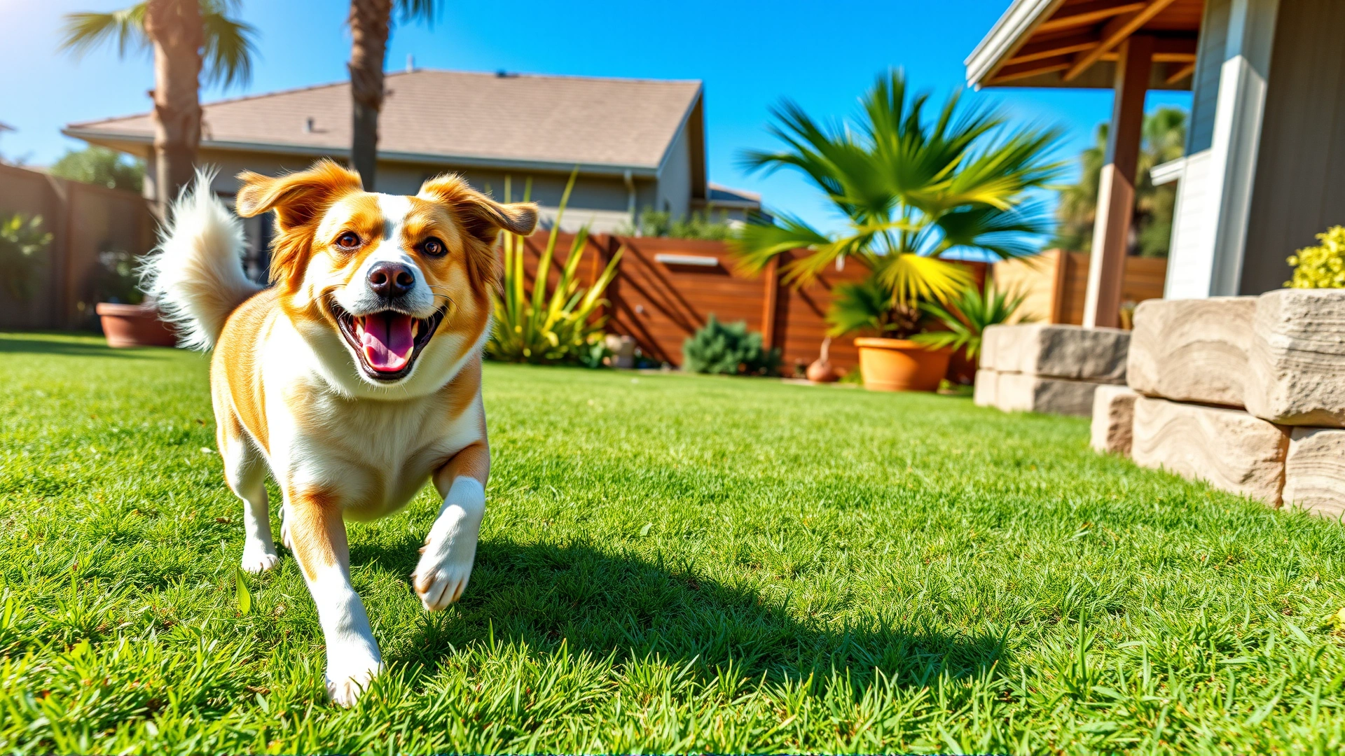 Happy dog running and playing in a safe backyard free of sago palm plants, vibrant sunny day