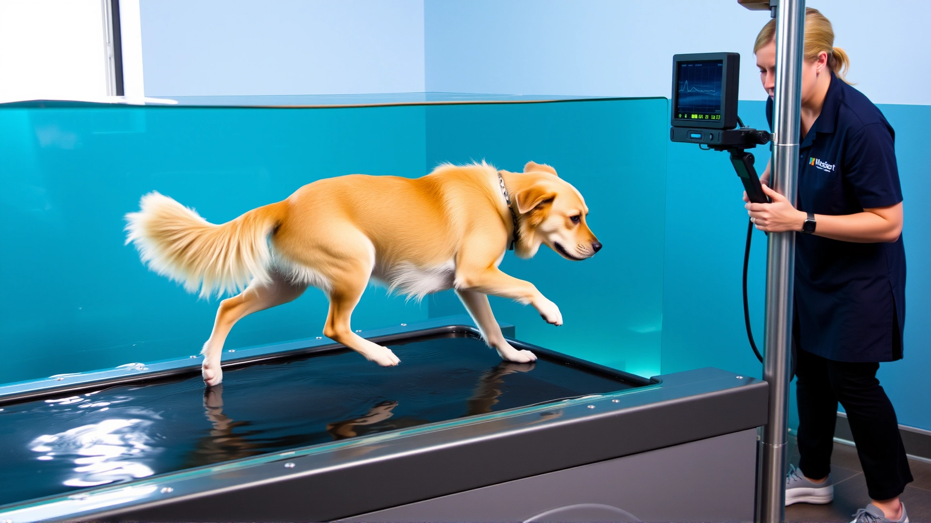 Dog walking on an underwater treadmill during hydrotherapy session, therapist standing beside adjusting controls.