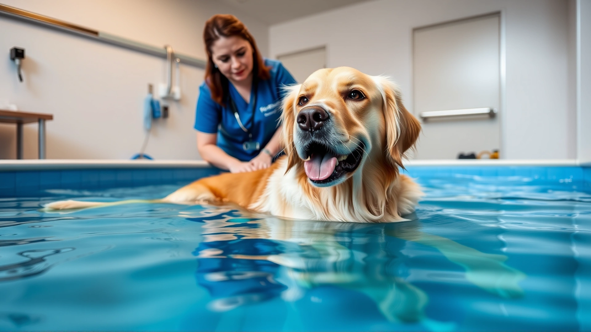 Golden Retriever doing hydrotherapy in a rehabilitation pool with a veterinary physiotherapist supporting, bright indoor clinic lighting