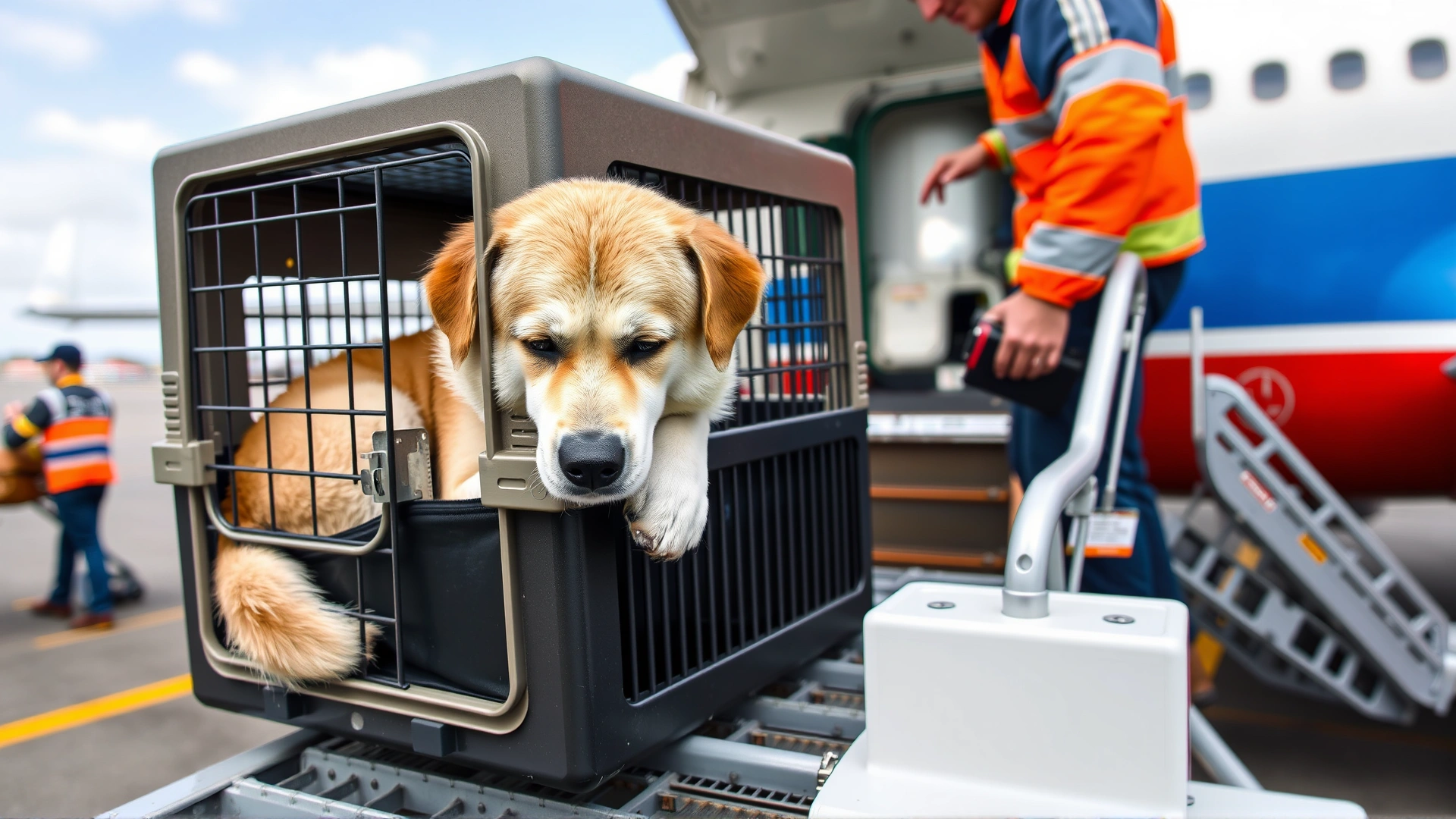 Large dog resting calmly inside a sturdy IATA-compliant hard crate on an airplane cargo loader, staff handling with care, tarmac in background, no text