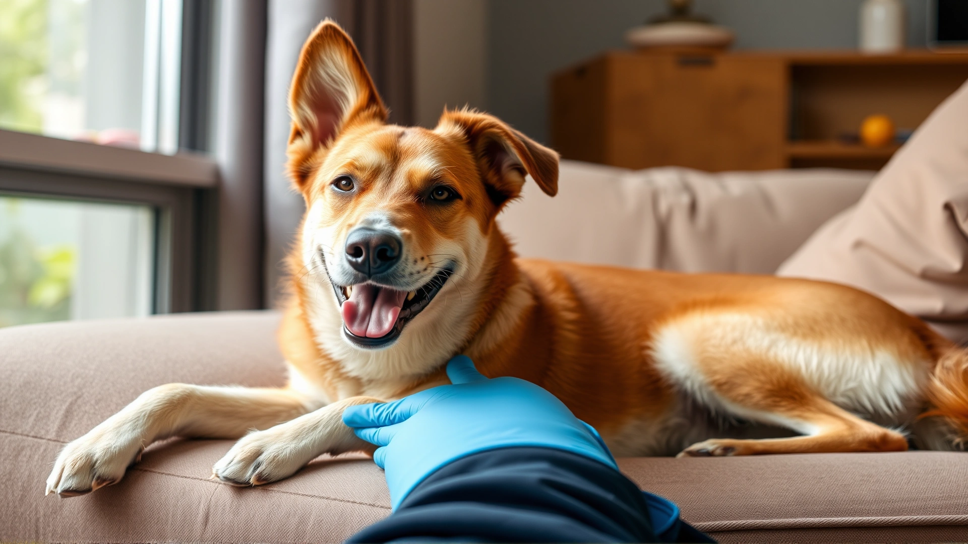Happy mixed-breed dog lying comfortably on a couch, ears upright and relaxed, conveying relief after treatment, natural indoor lighting