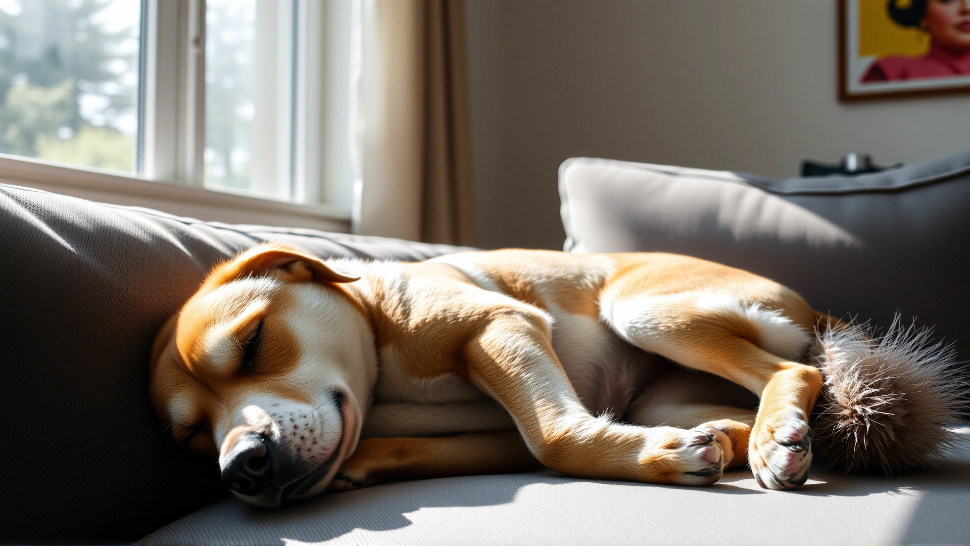 Medium-sized mixed breed dog sleeping peacefully on a living room sofa with sunlight streaming through the window