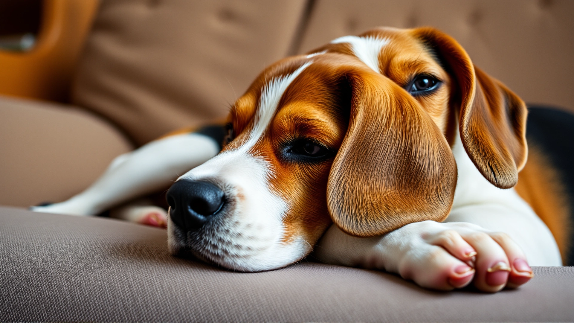 Close-up of a calm female beagle resting on a couch, looking relieved and comfortable.