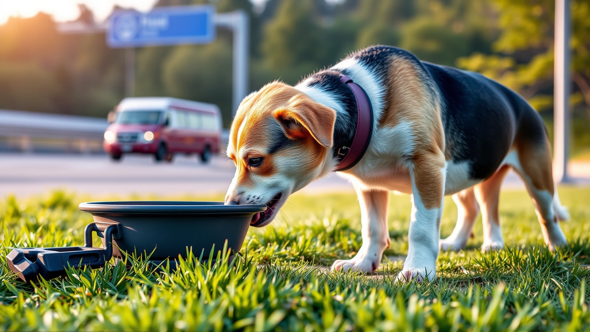 Dog drinking water from a collapsible bowl at a highway rest area surrounded by green grass