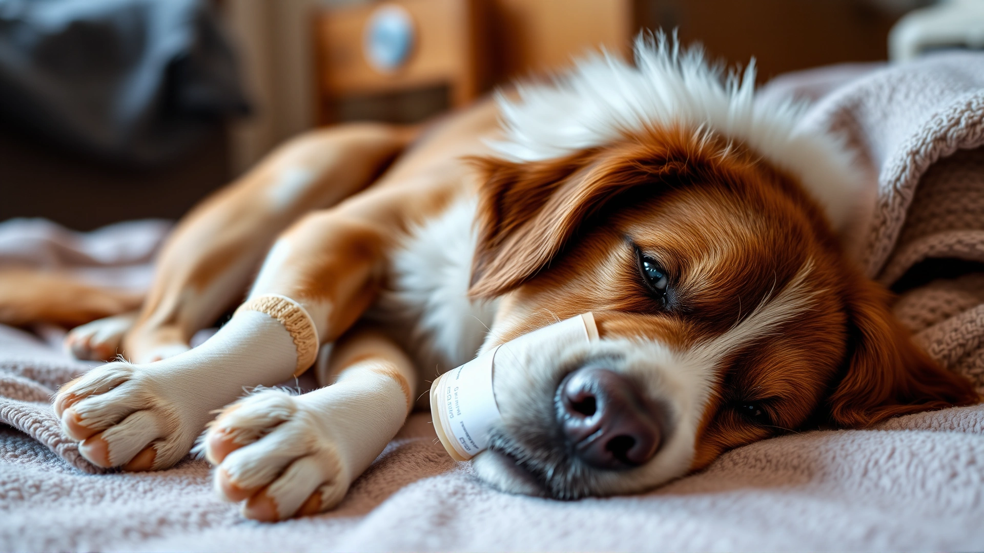 A relaxed dog lying on a soft blanket at home with its IV leg gently bandaged, looking comfortable and calm.