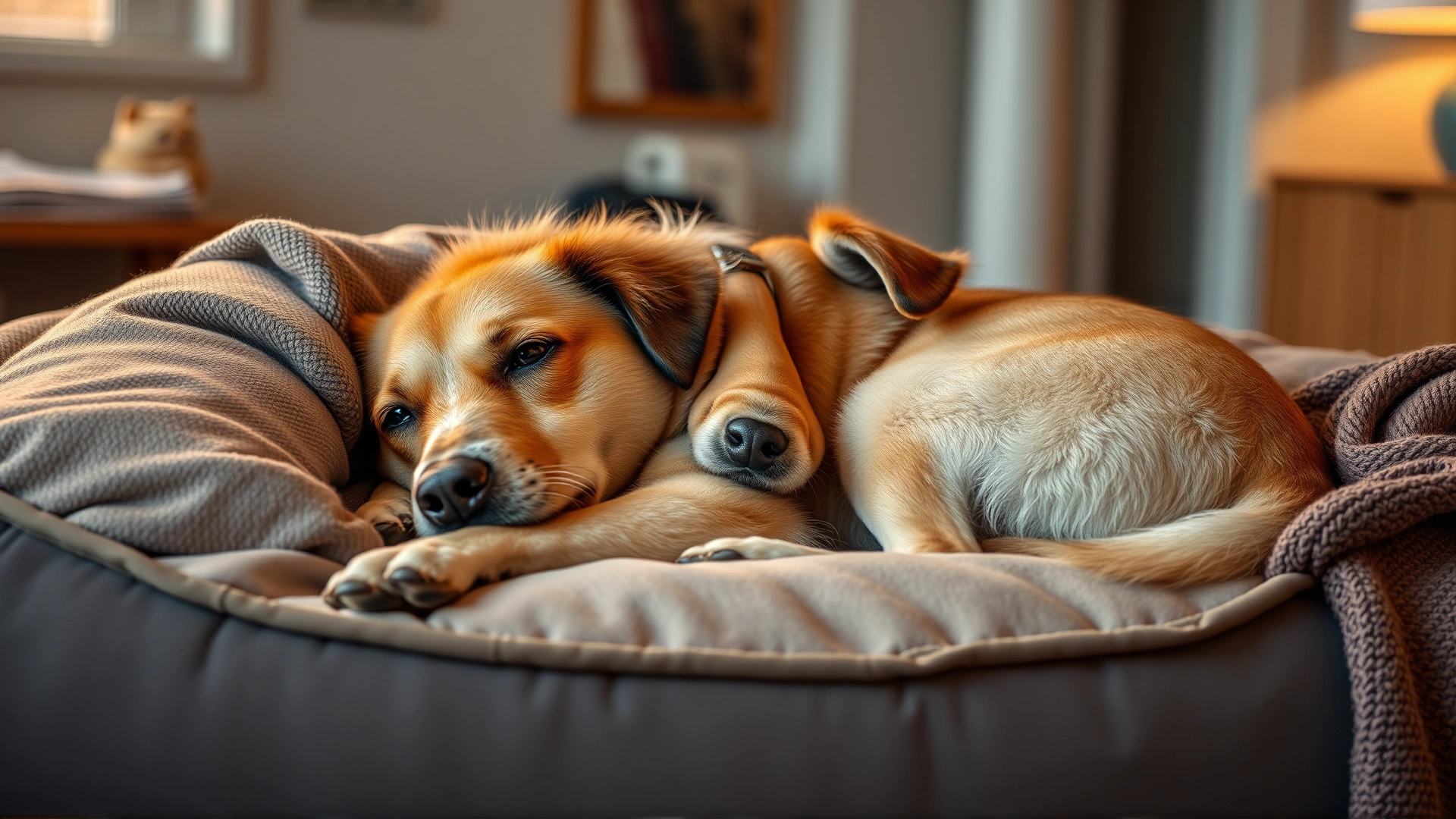 Medium-sized dog resting comfortably on a soft bed with a cozy blanket, looking relaxed and healthy, warm indoor lighting, horizontal orientation