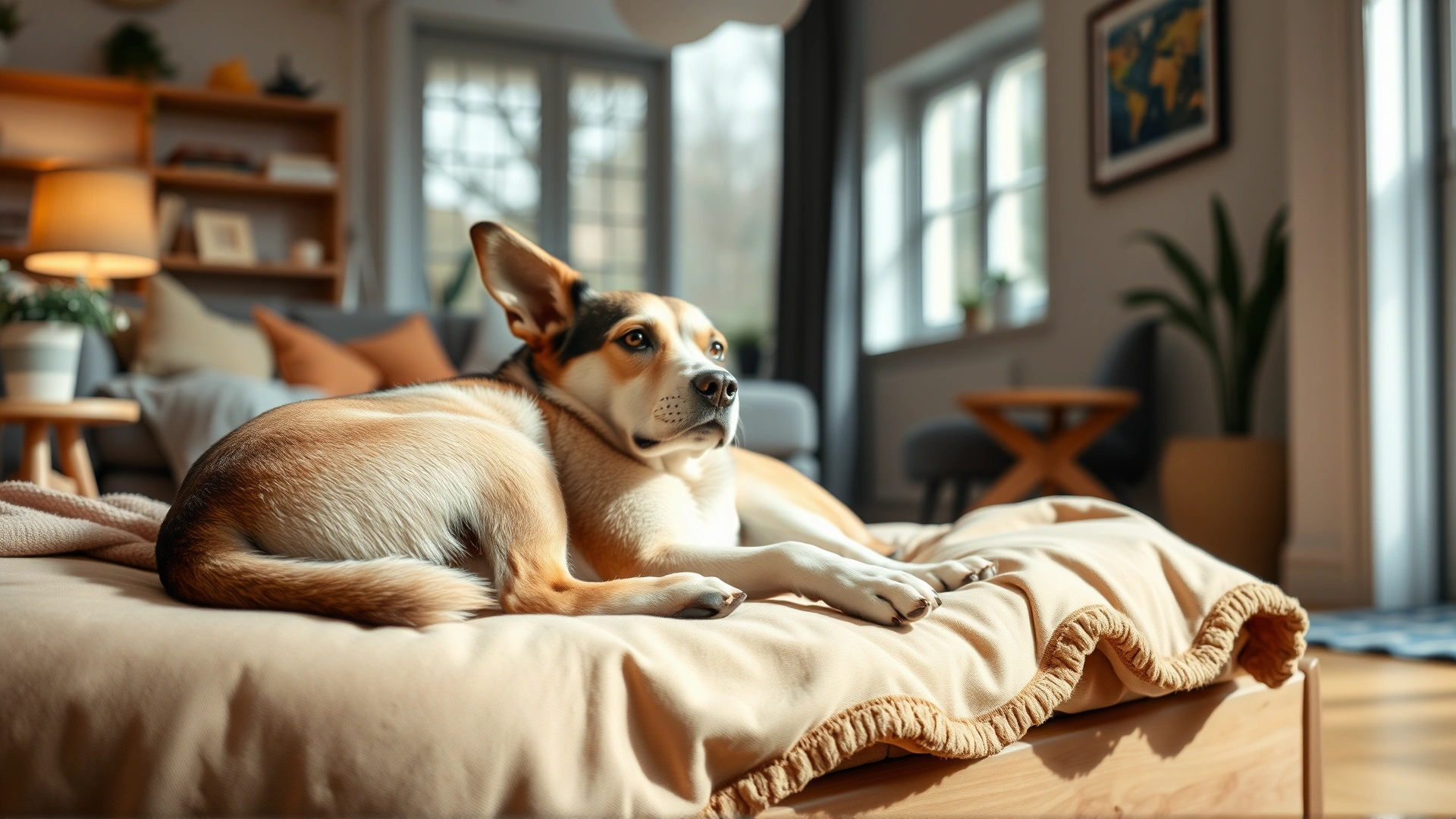 Medium-sized dog resting comfortably on a soft bed with a cozy blanket in a bright living room, peaceful mood