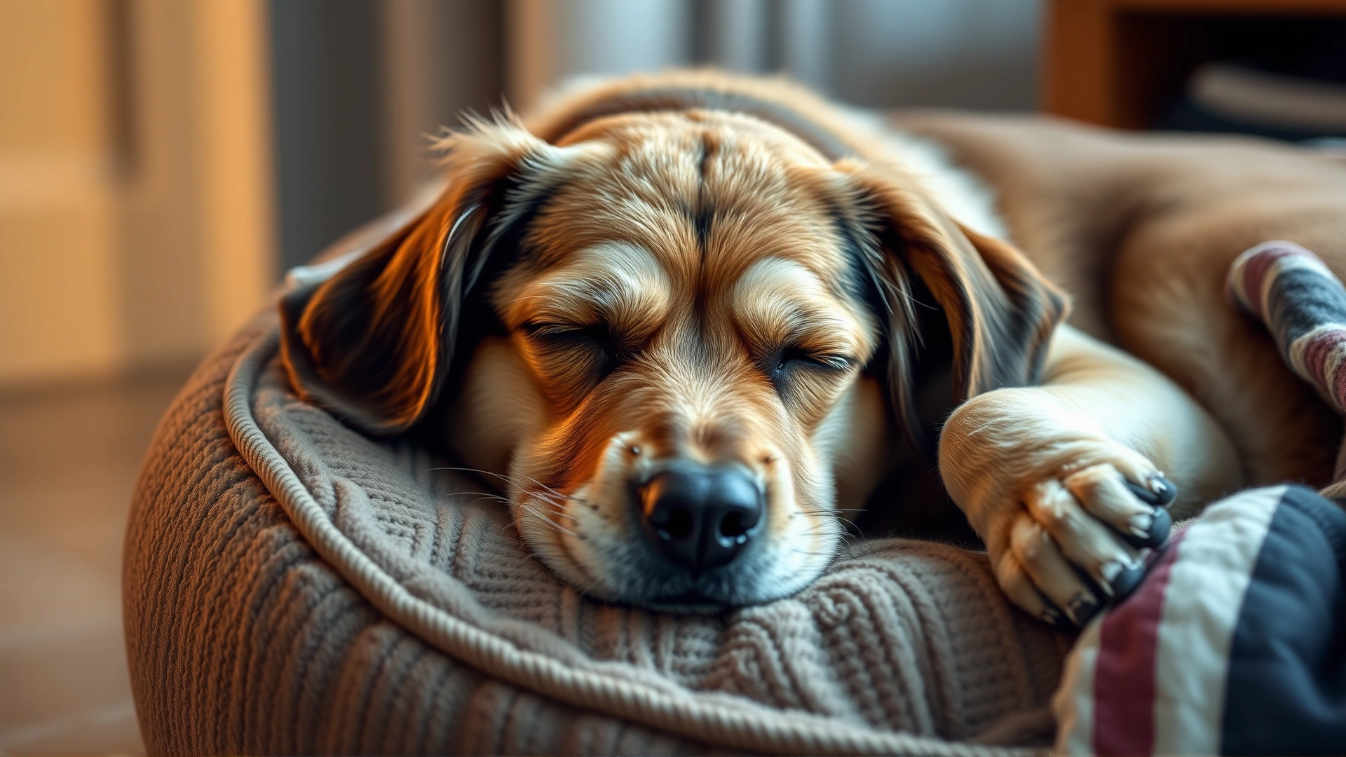 A tired but comfortable dog resting on a pet bed with a blanket, soft warm lighting, conveys mild side effects, no text