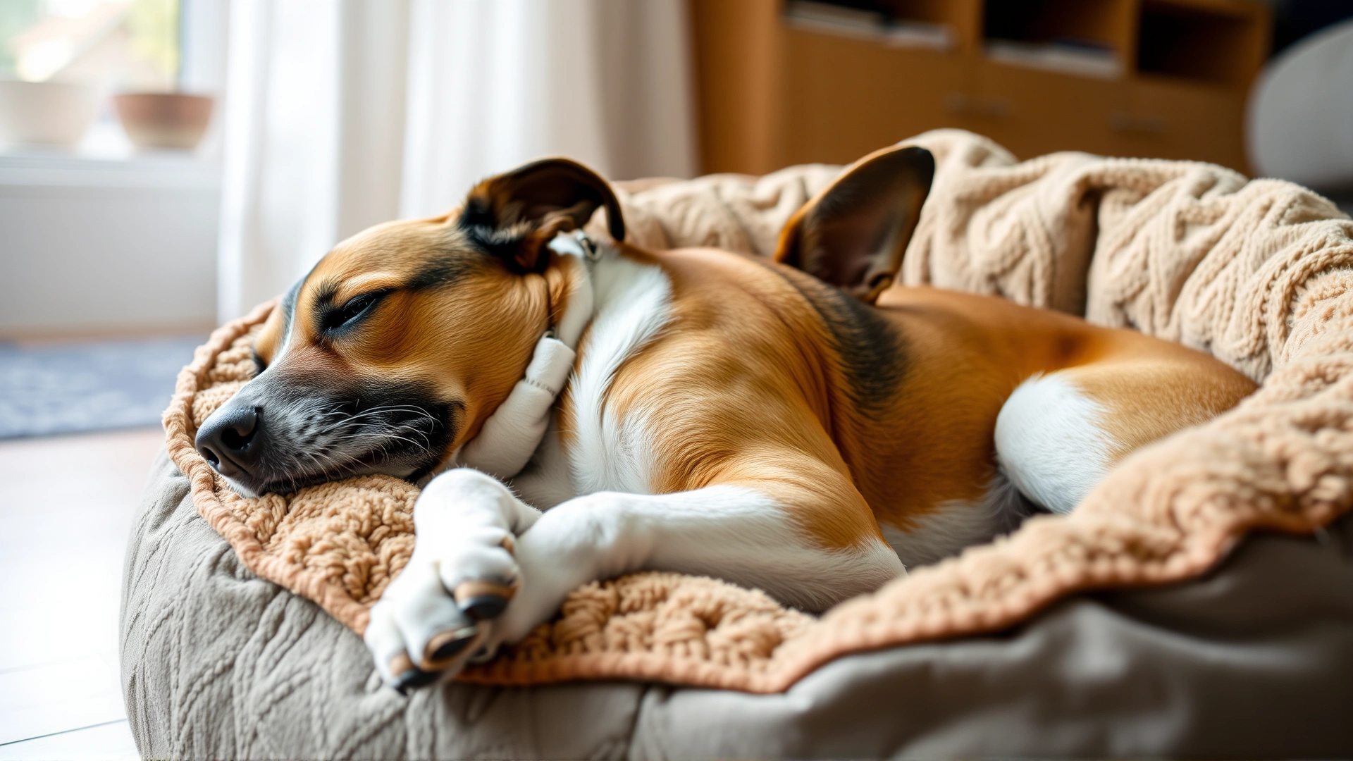 Content dog lying comfortably in a cozy dog bed at home, looking relaxed after treatment, natural indoor lighting