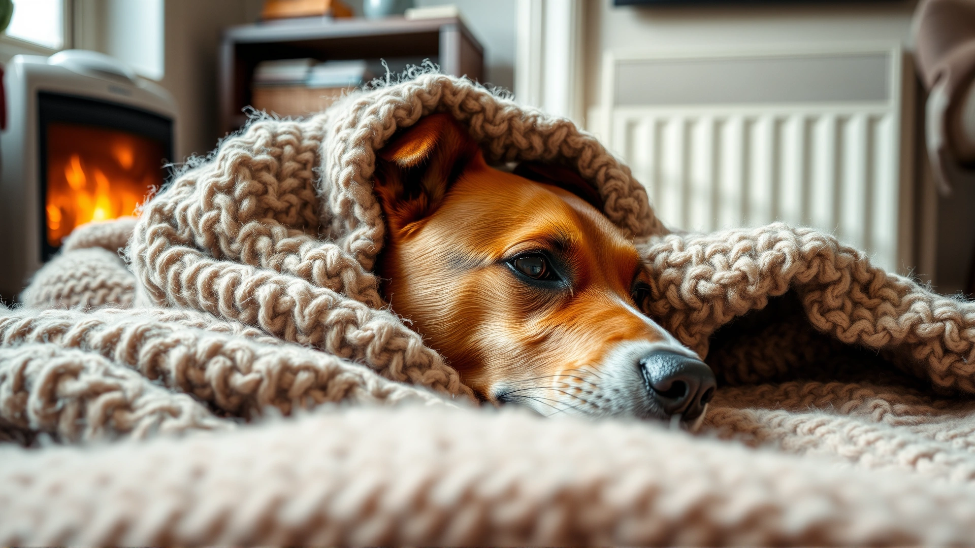 Dog comfortably wrapped in a thick wool blanket, lying near a space heater inside a cozy living room.
