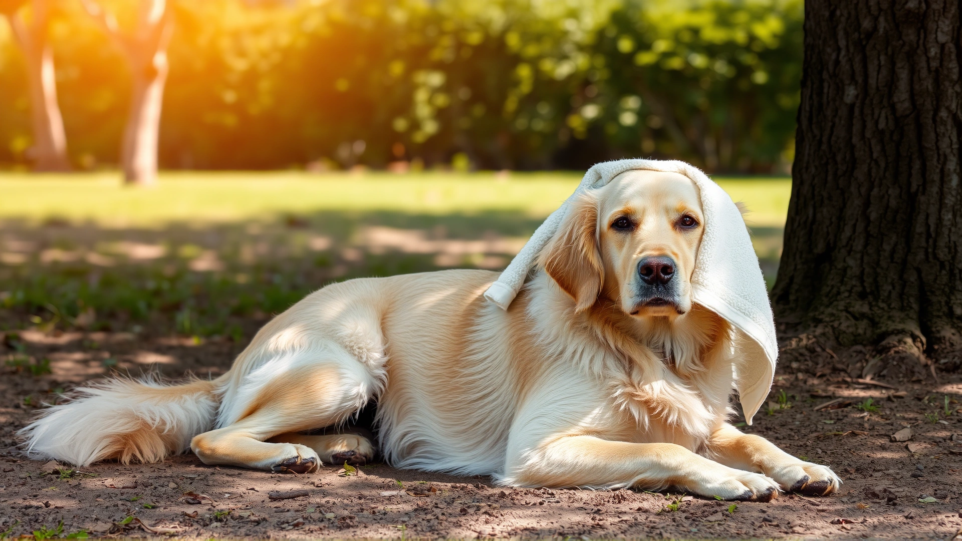 Dog lying comfortably in the shade under a tree with a cool damp towel on its back.