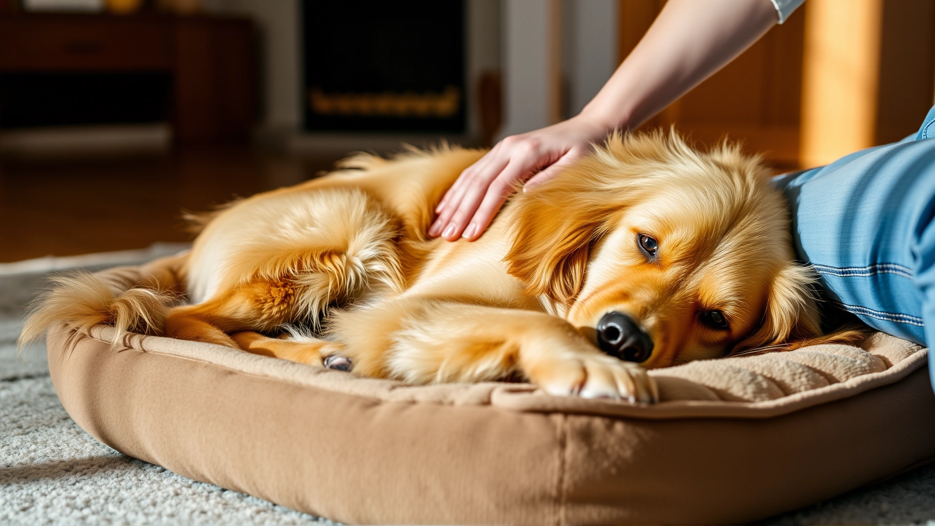 Golden retriever lying comfortably on a plush dog bed at home while an owner gently pets it; warm natural lighting, peaceful atmosphere.