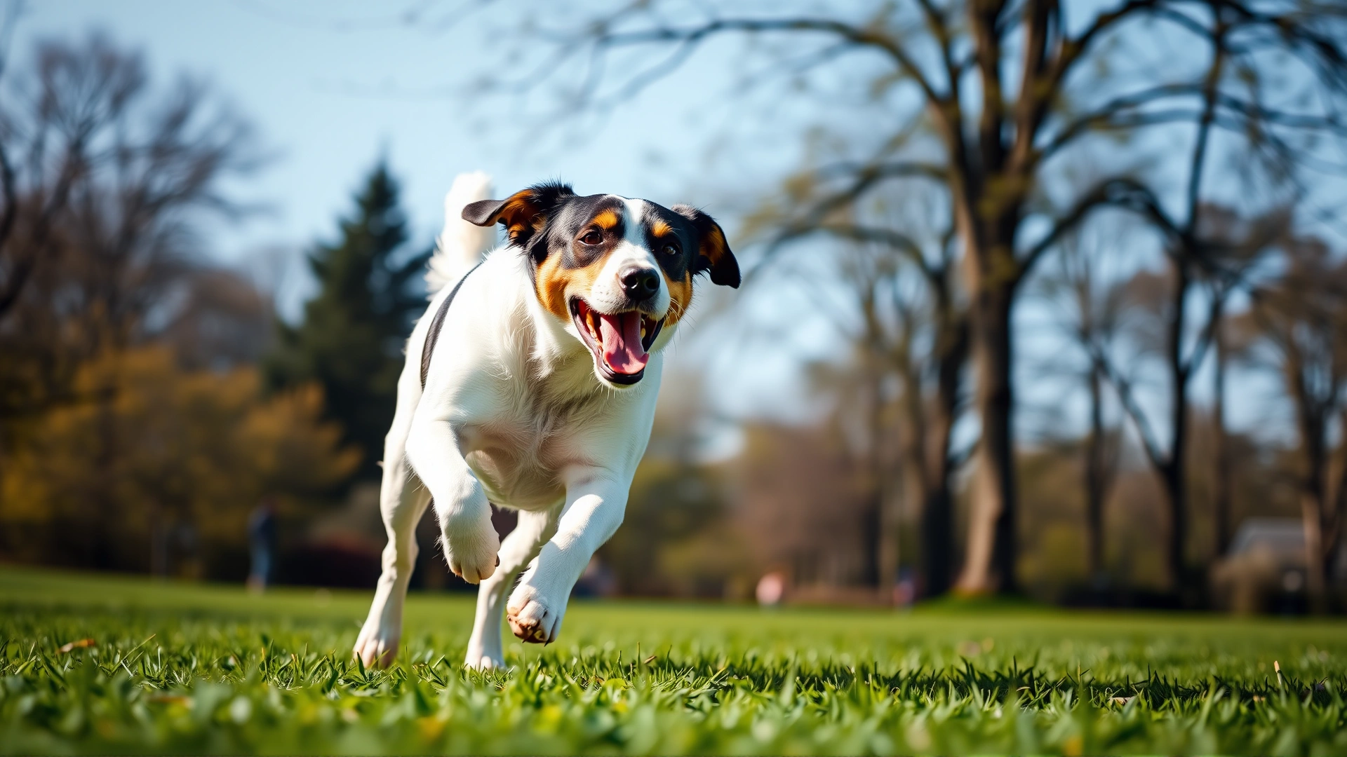Energetic dog running in a green park on a clear day, representing healthy lungs and successful management