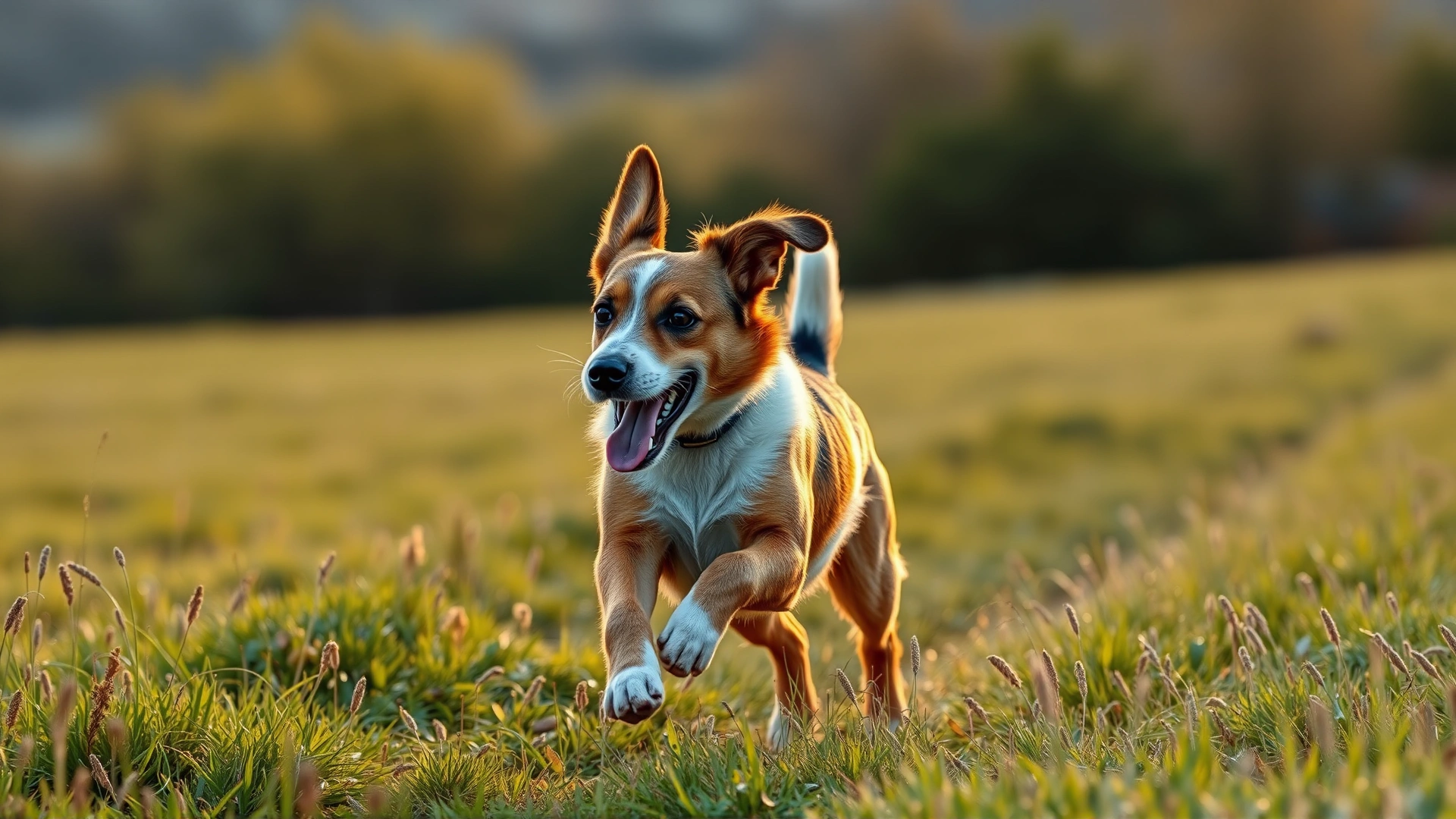 Energetic dog running through a grassy field at sunset, embodying healthy exercise.