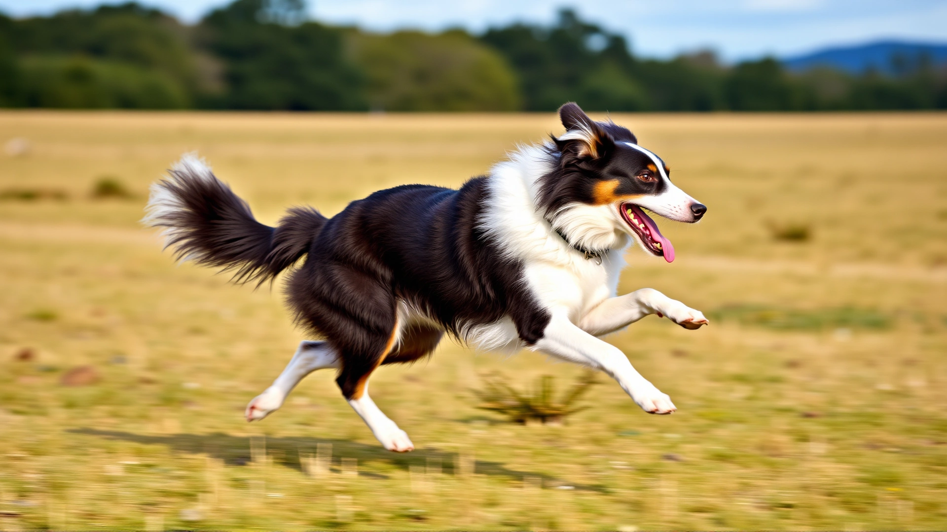 Athletic border collie sprinting across an open field, tongue out, capturing a sense of speed and excitement.
