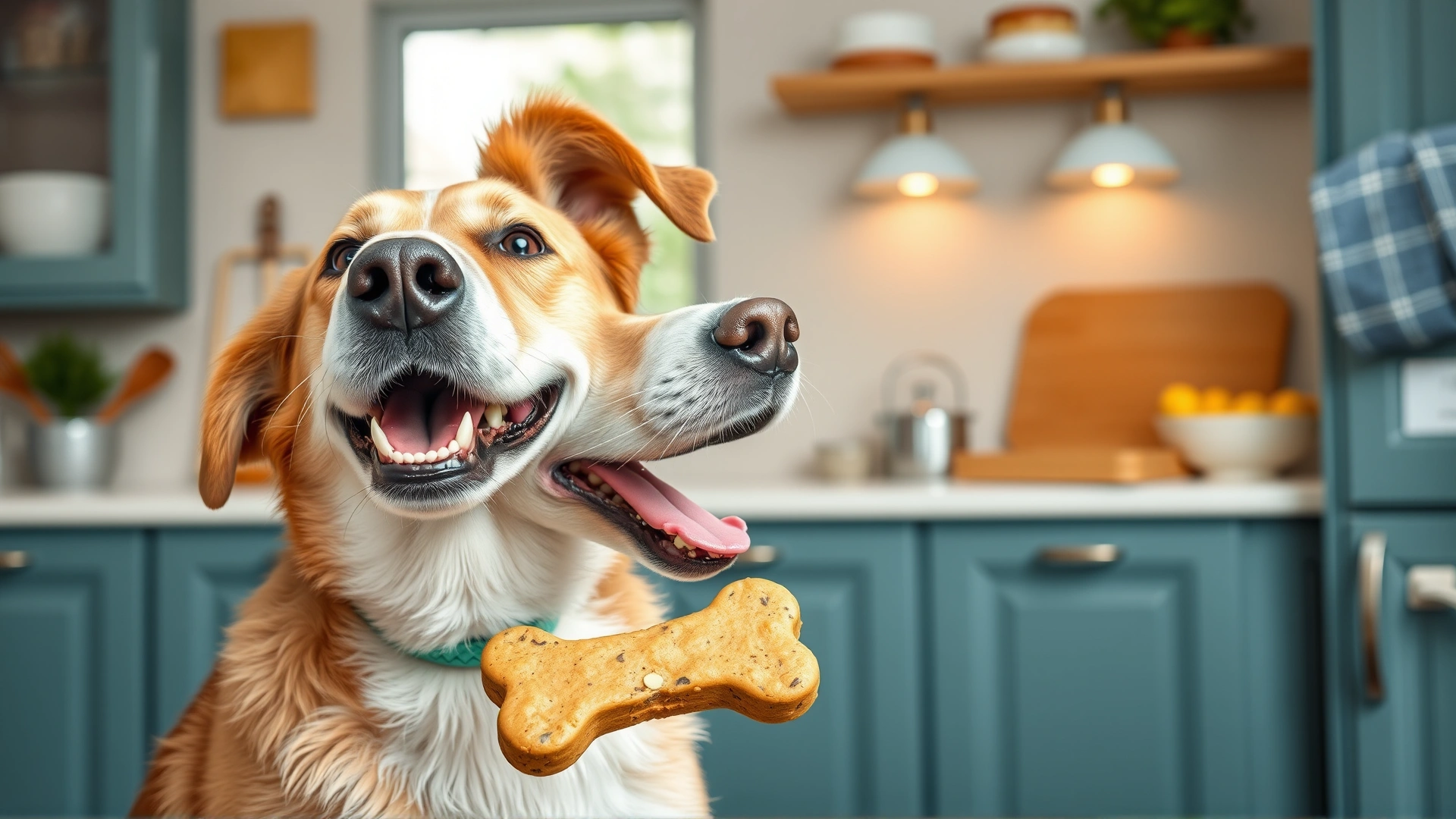 Happy dog receiving a healthy homemade treat shaped like a bone in a bright kitchen