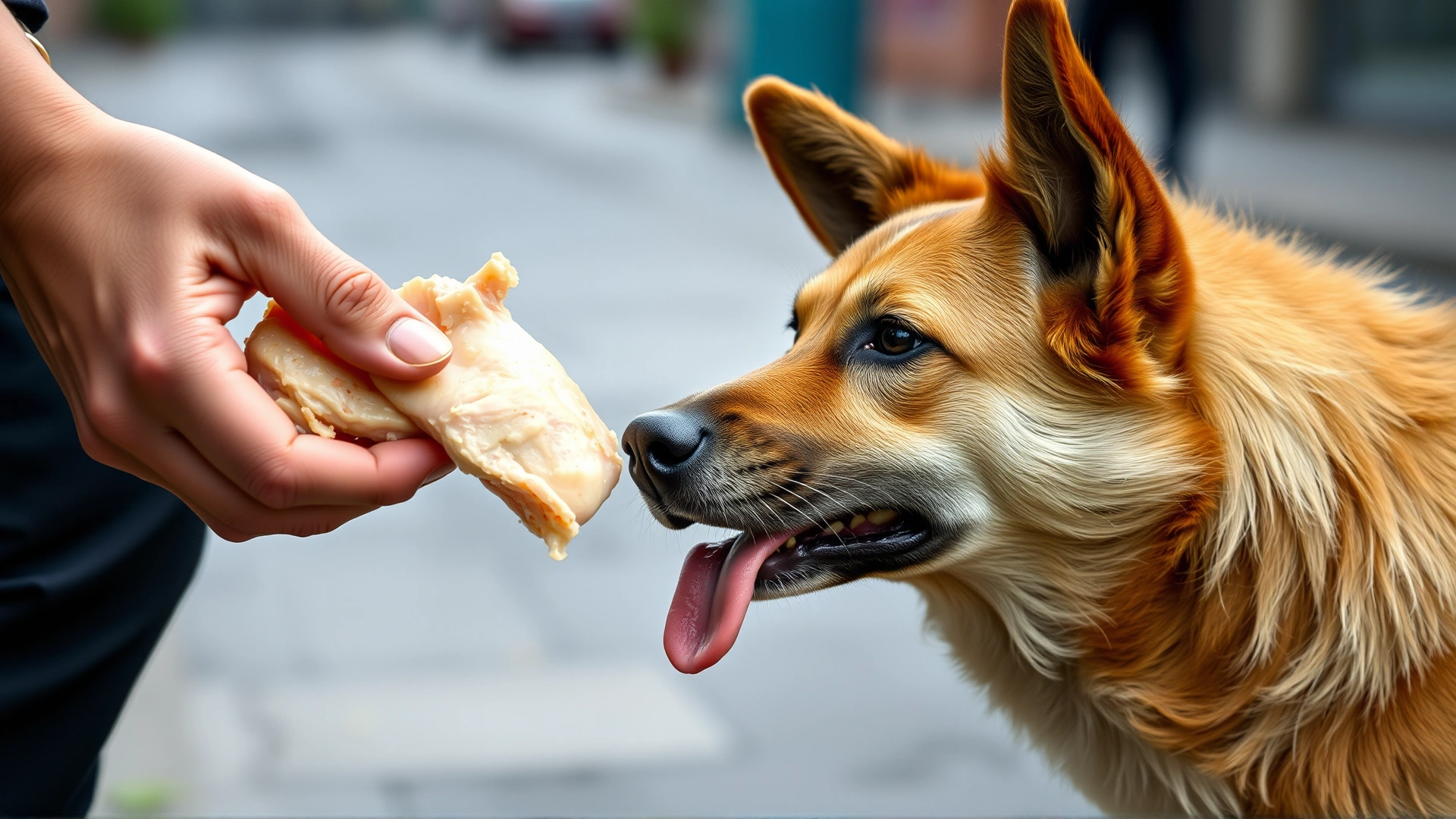 Close-up of hands holding a piece of chicken to gently lure a nervous stray dog, blurred urban background