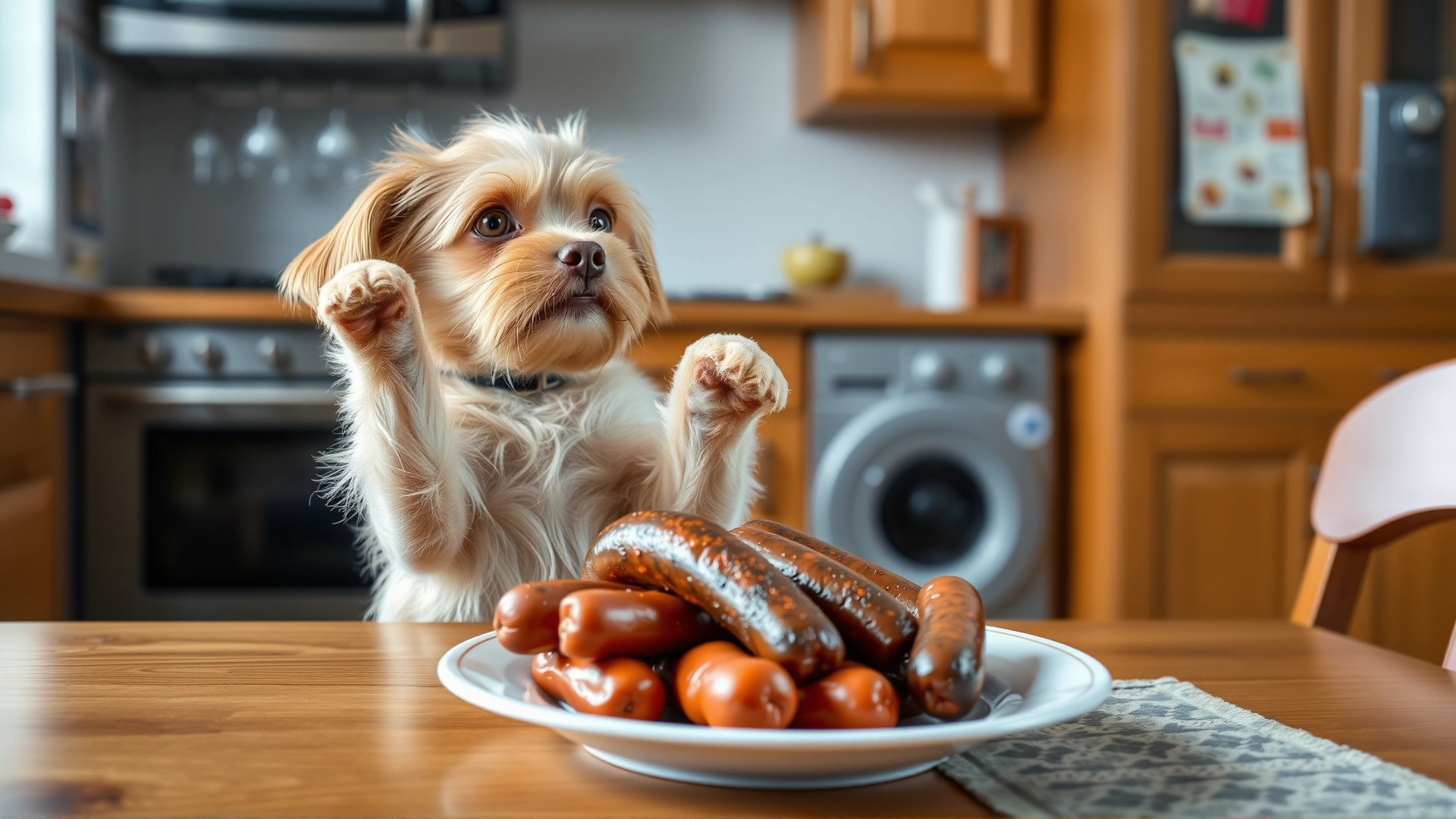 Curious dog standing on hind legs trying to reach a plate filled with assorted sausages on a kitchen table.