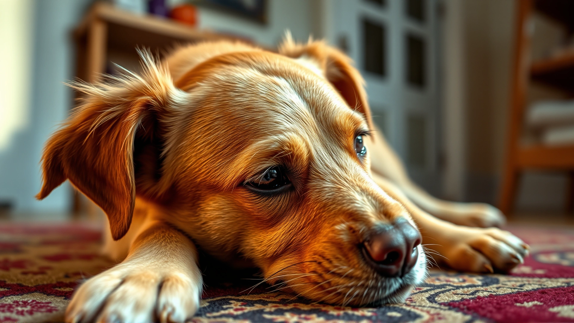 Close-up of a medium-sized dog scratching behind its ear while lying on a rug indoors, warm lighting