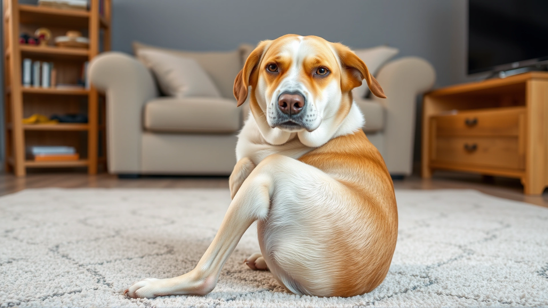 Medium shot of a dog sitting and scratching itself with hind leg in a living room, illustrating flea irritation.