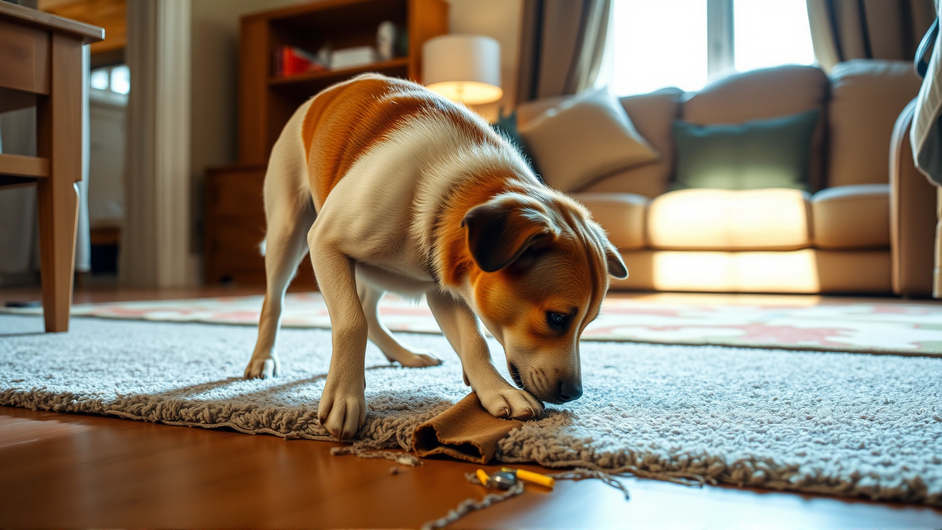 Dog inside a living room scratching at a carpet with its hind legs, showing potential household damage, warm indoor lighting.