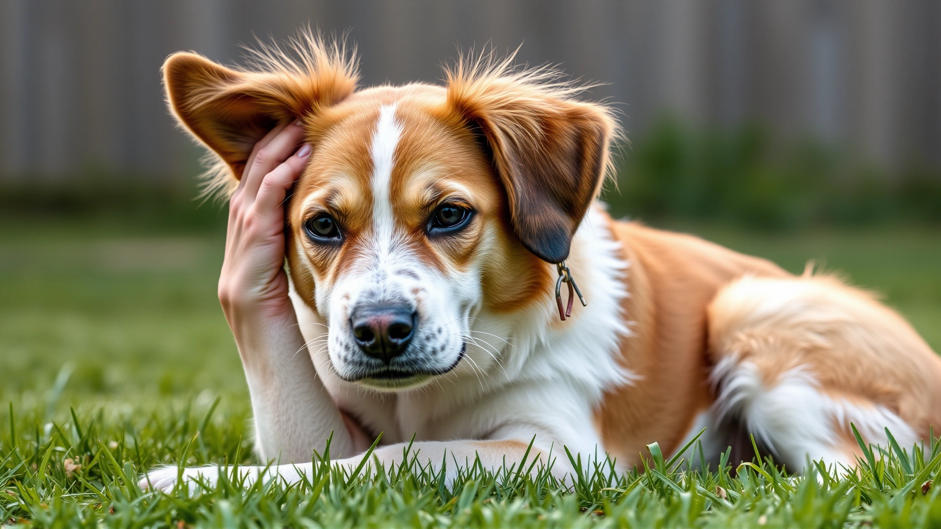 A medium-sized dog scratching its ear while sitting on grass, illustrating pruritus relief need
