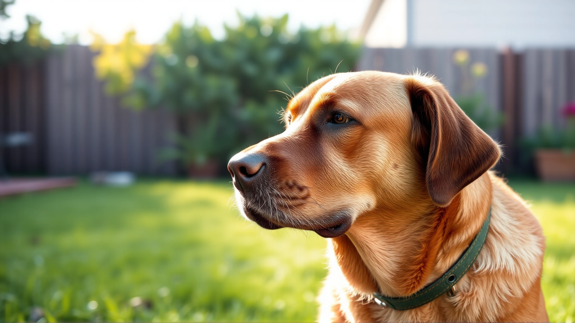 Medium shot of a Labrador Retriever scratching behind its ear in a backyard, showing discomfort, green grass and soft sunlight.