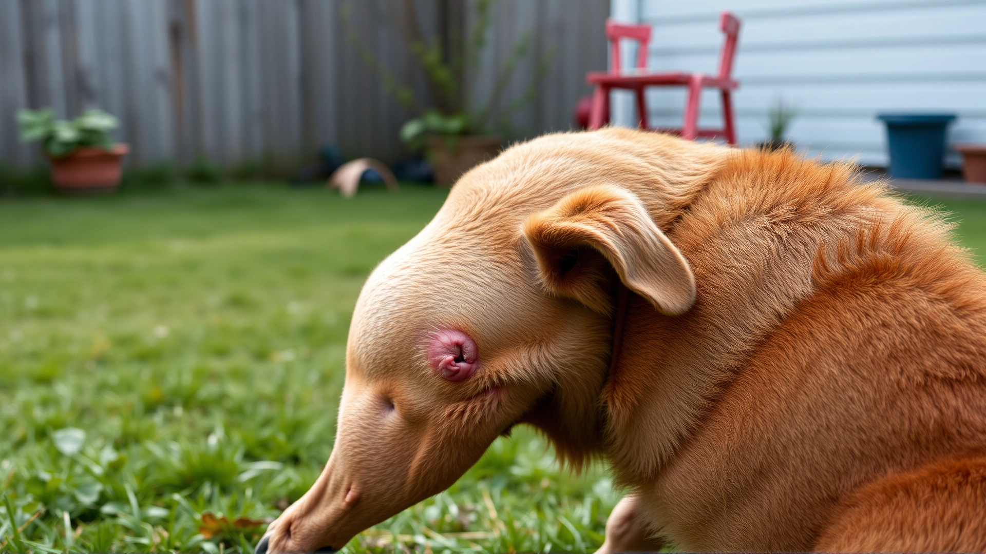 Medium-sized dog scratching its side with hind leg in a grassy backyard, showing mild skin irritation