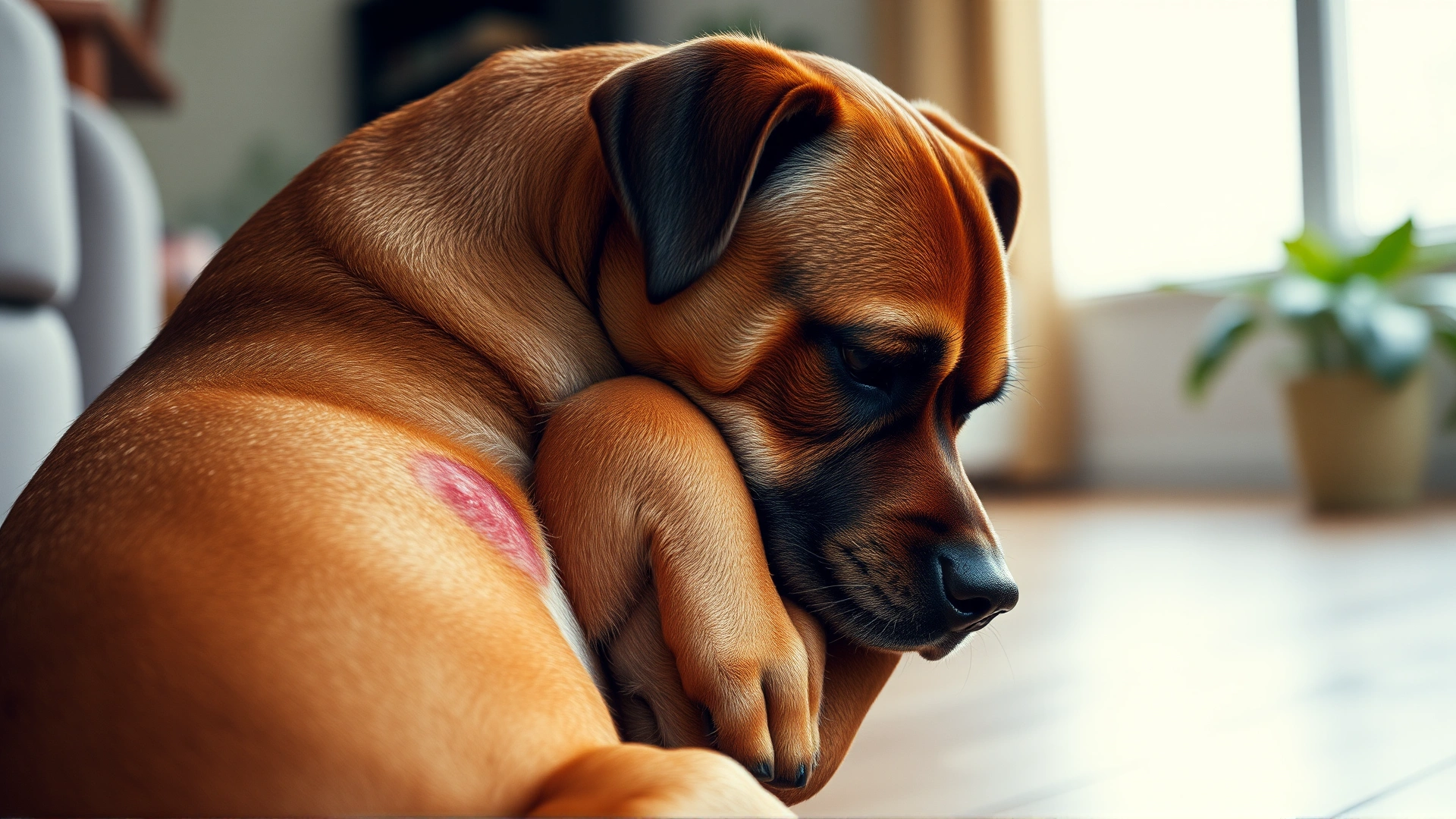 Medium-sized brown dog seated indoors vigorously scratching its side, clear view of irritated skin patch, shallow depth of field