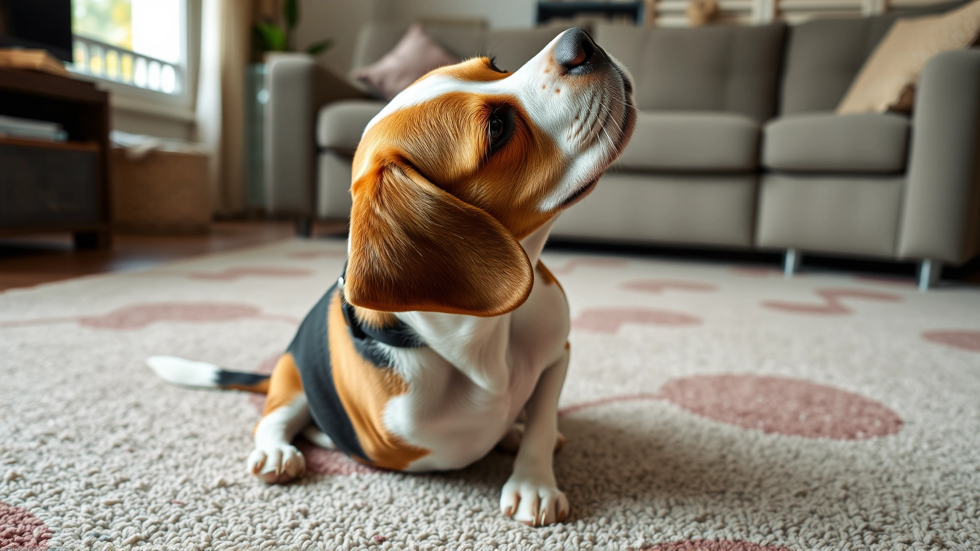 Medium shot of a beagle sitting on a living-room carpet shaking its head and scratching its ear with its hind paw