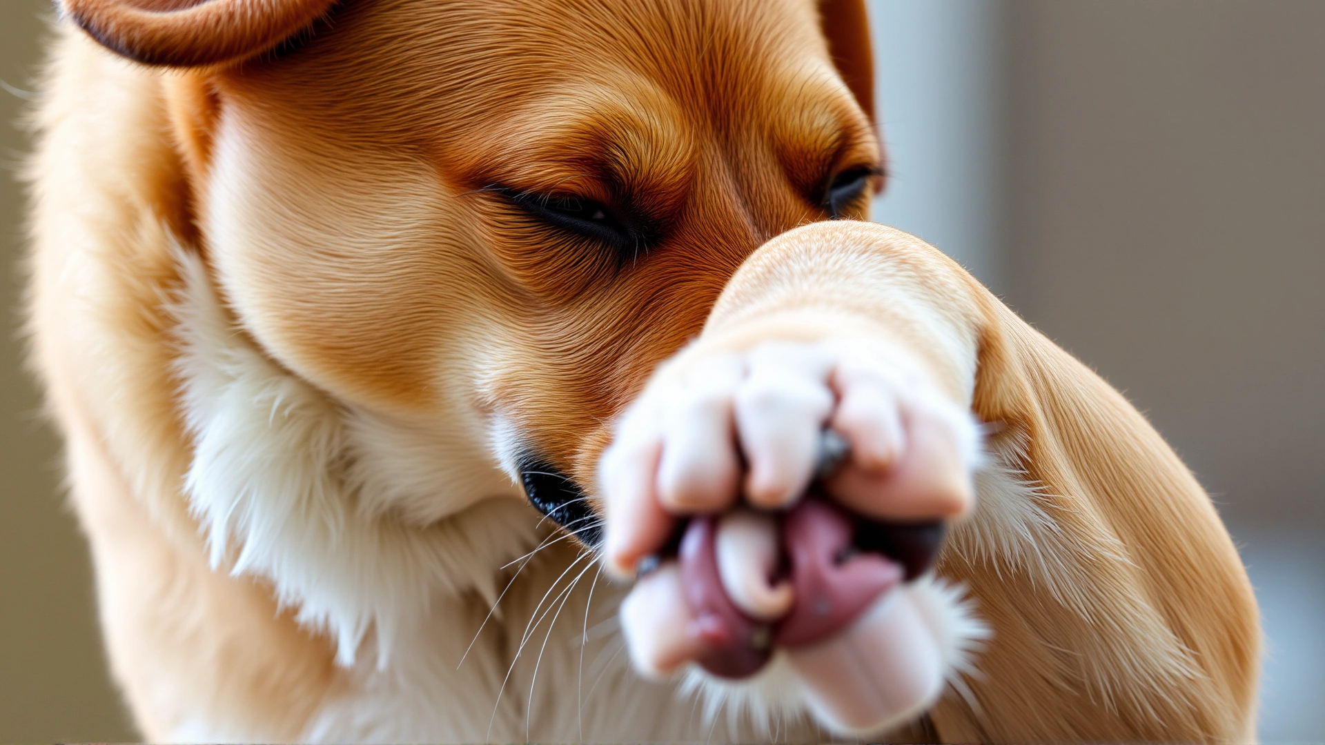Close-up of a brown dog scratching its neck with its hind leg, focus on the action.