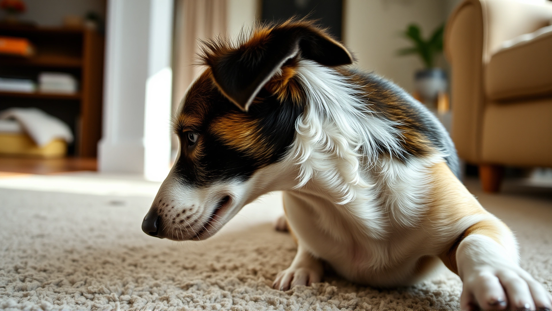 Side view of a dog vigorously scratching behind its ear on a living-room carpet, motion blur to show discomfort, natural light