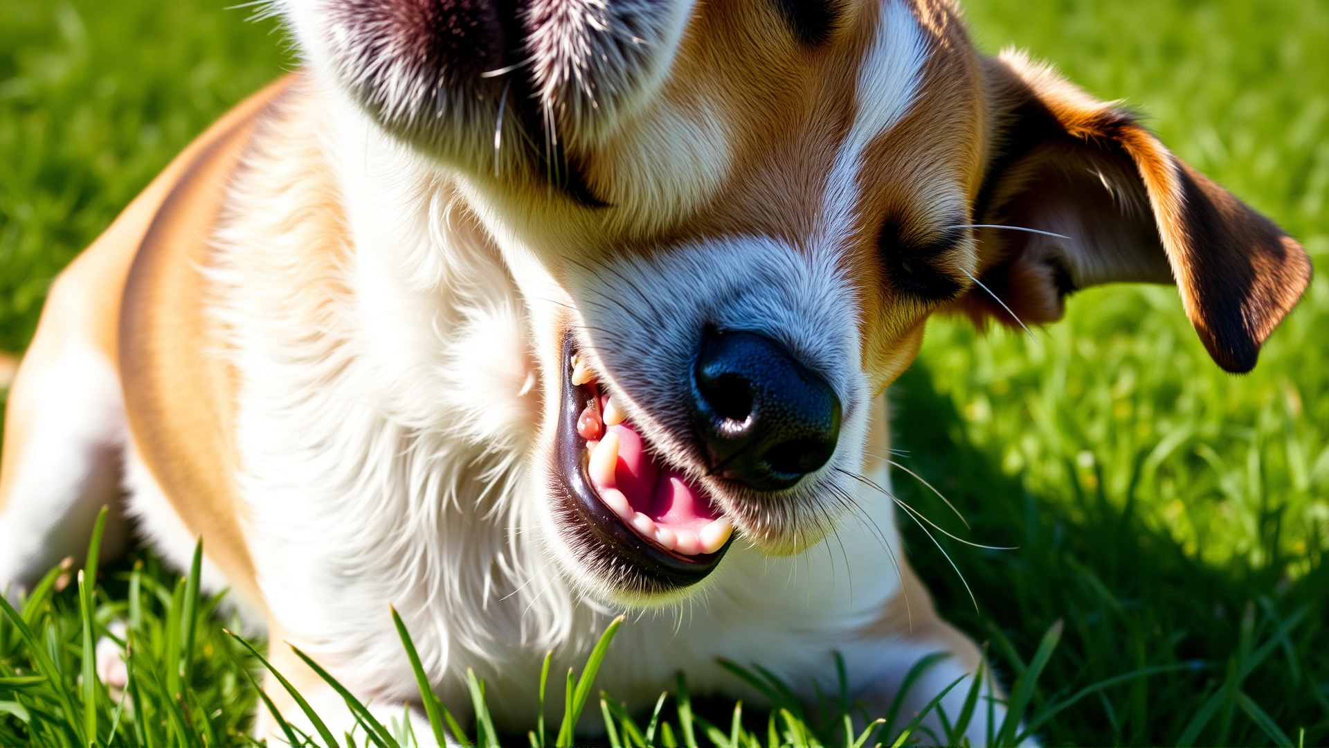 Close-up of a medium-sized dog vigorously scratching its neck while sitting on green grass in bright daylight.