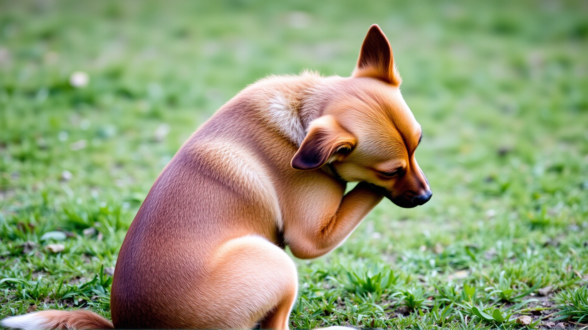Medium shot of a brown mixed-breed dog sitting on grass and scratching its neck with hind leg; natural daylight; no text.