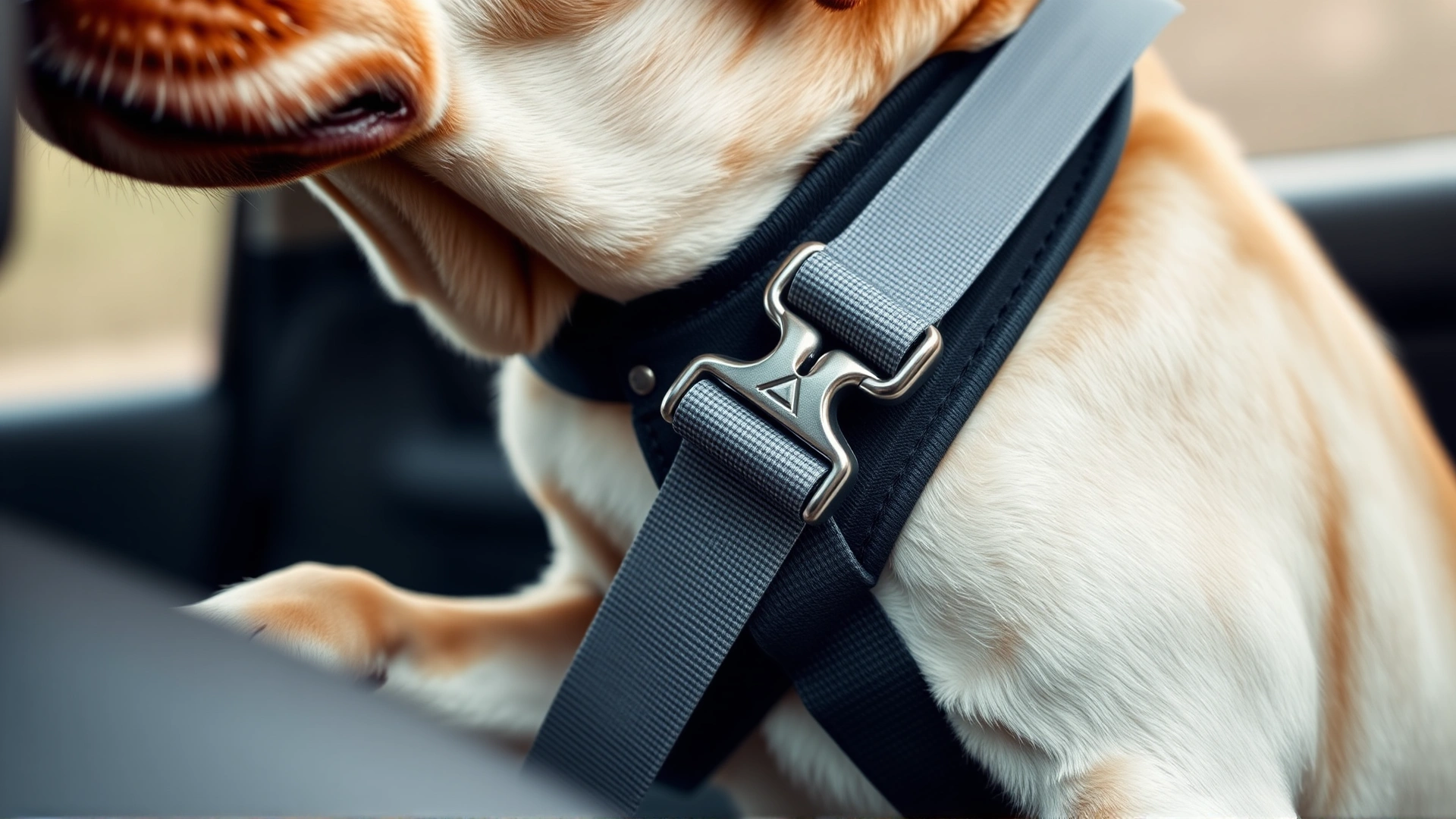 Close-up interior shot of a Labrador wearing a CPS-certified seat belt harness clipped to the car’s LATCH anchor; focus on the harness details and metal clip.