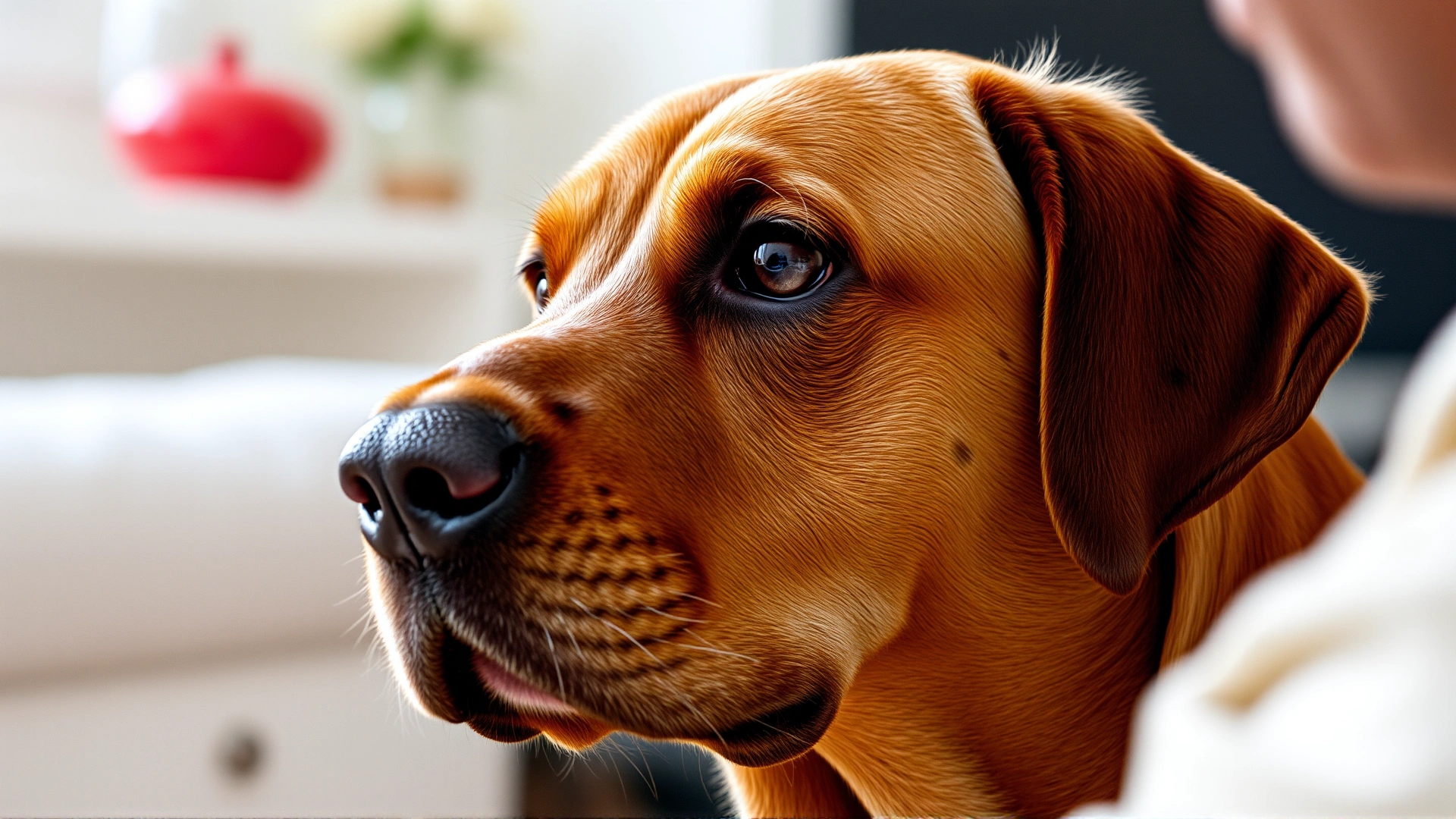 Indoor shot of a Labrador retriever gazing attentively at its owner’s face, as if reading emotions.