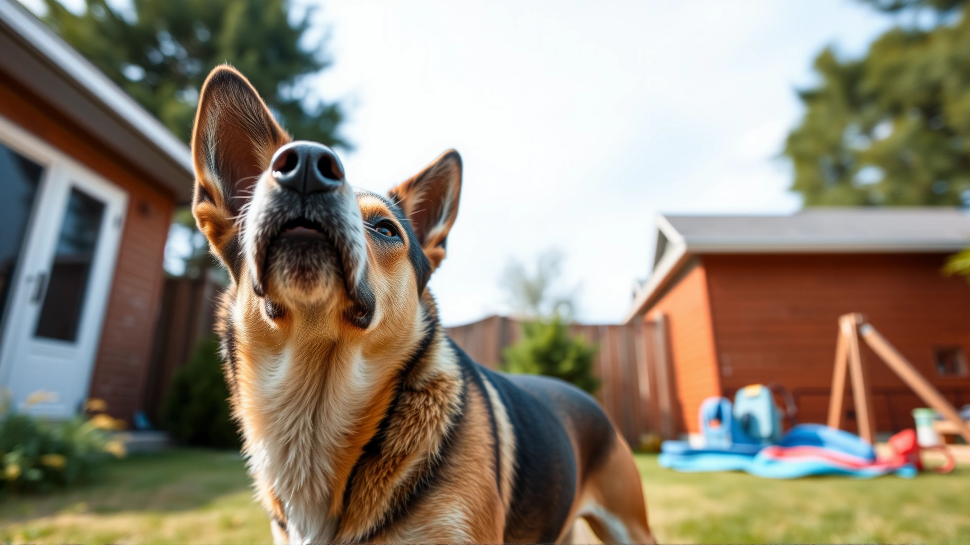 Wide-angle shot of a medium-sized mixed breed dog standing in a backyard with its ears perked up and nose sniffing the breeze, representing heightened awareness, no text