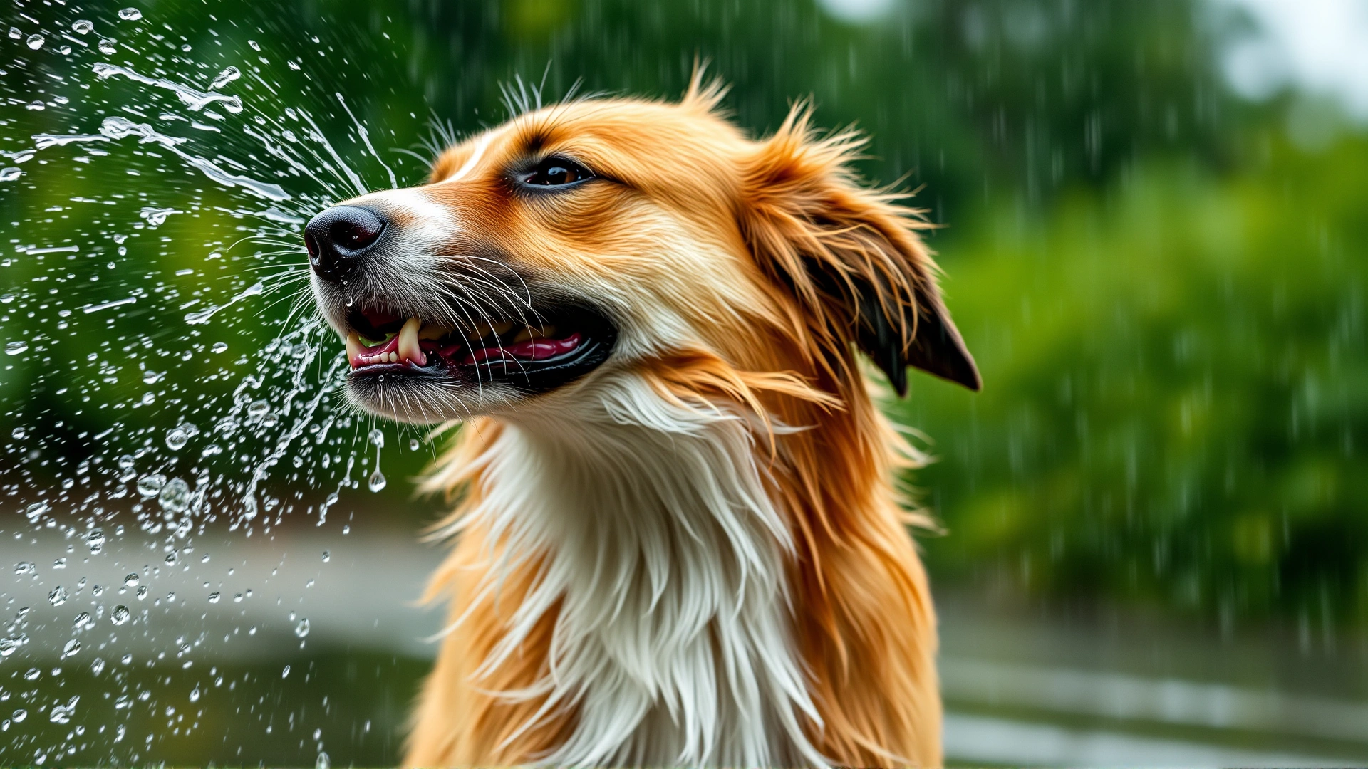 Medium shot of a dog shaking water off its head after playing in the rain, water droplets captured mid-air, high shutter speed, no text.