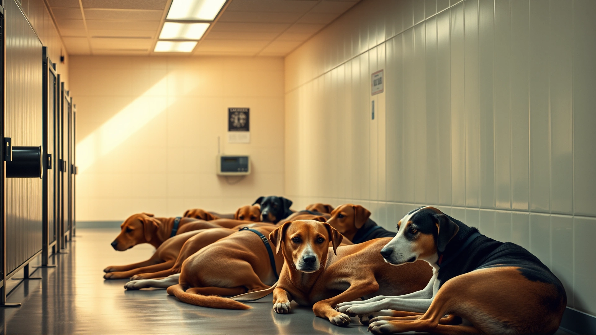 Multiple kennel dogs lying quietly in a clean animal shelter corridor while soft ambient light streams in, a small radio visible in the background, no text.