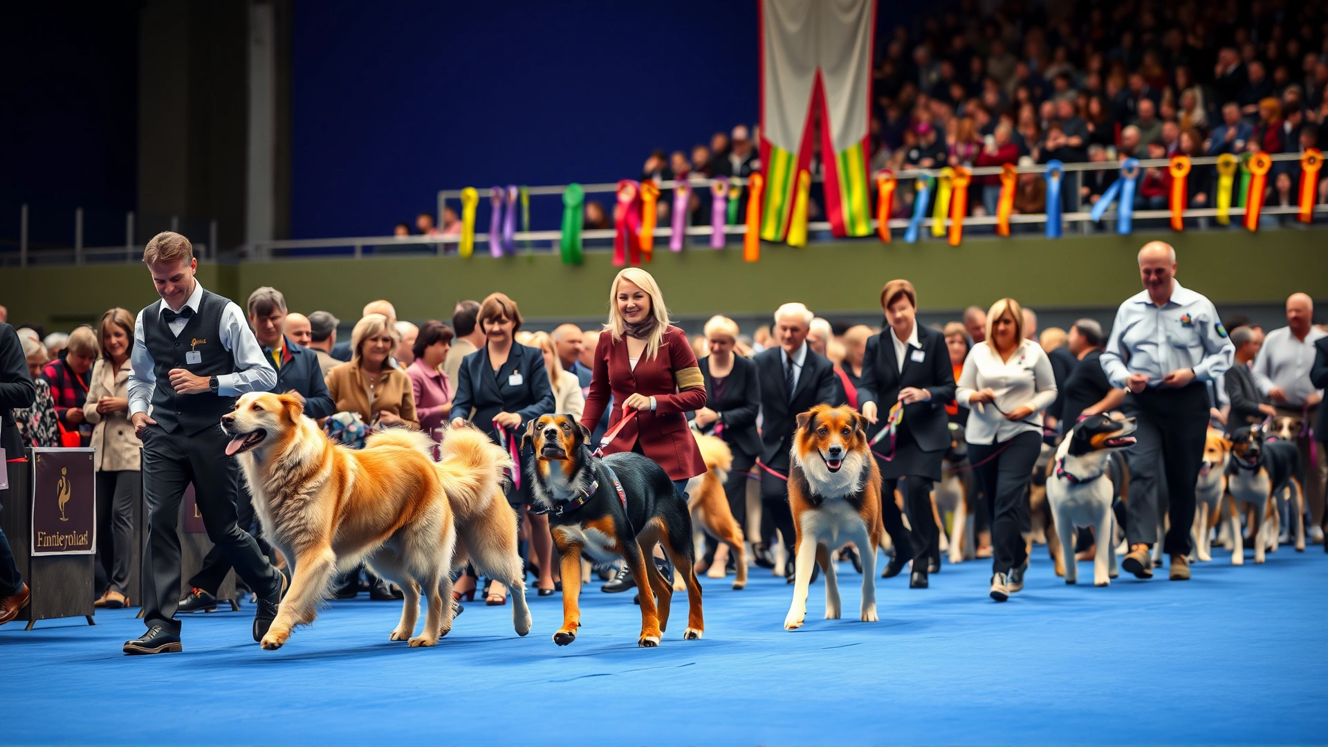Crowd at a dog show arena with handlers walking their well-groomed dogs in a line; colorful ribbons in the background, no text.